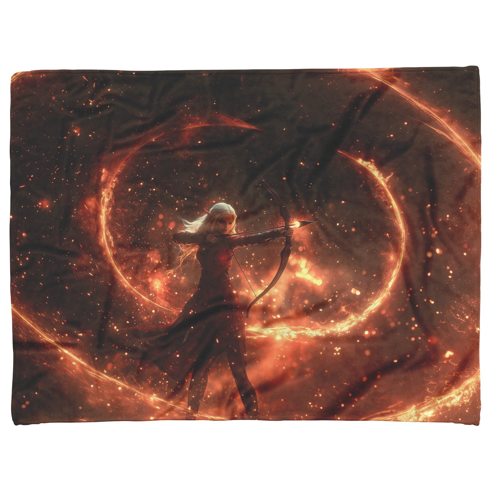 Blood Elf Hunter Fleece Sherpa Blanket Crimson Armor Glowing Bow Golden Shimmer Cosmic Highlights WoW Design - Awakening Righteousness