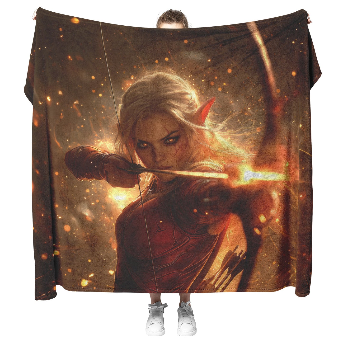 Blood Elf Hunter Fleece Sherpa Blanket Crimson Armor Glowing Bow Golden Textures Cosmic Highlights Bold Majestic Design - Awakening Righteousness