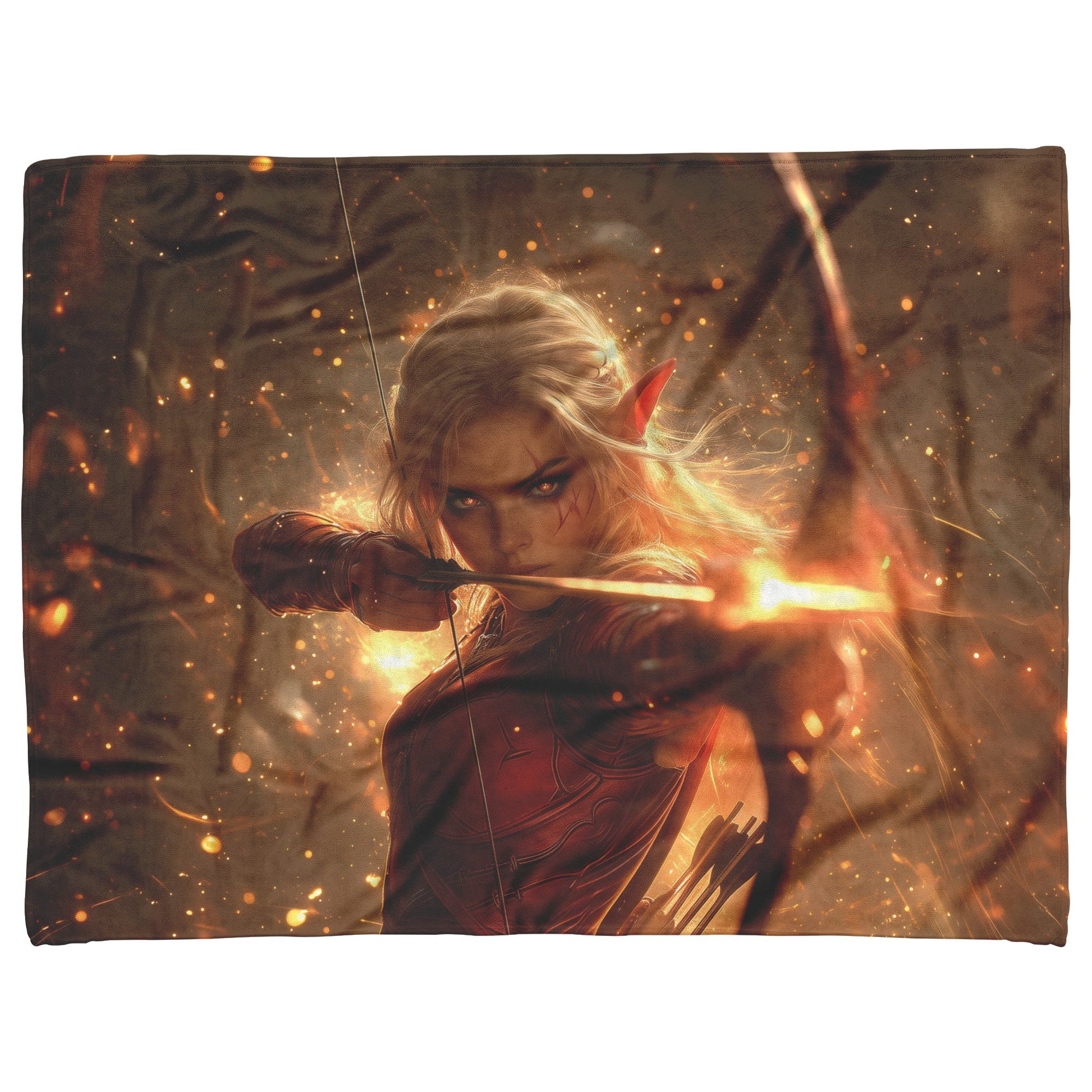 Blood Elf Hunter Fleece Sherpa Blanket Crimson Armor Glowing Bow Golden Textures Cosmic Highlights Bold Majestic Design - Awakening Righteousness