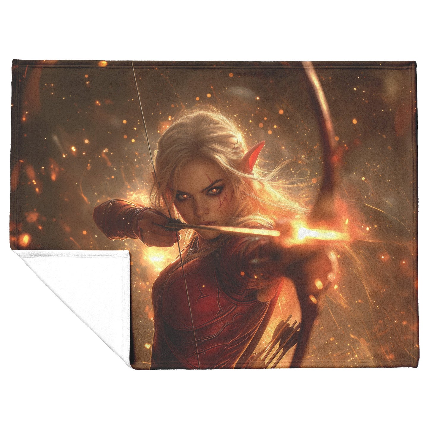 Blood Elf Hunter Fleece Sherpa Blanket Crimson Armor Glowing Bow Golden Textures Cosmic Highlights Bold Majestic Design - Awakening Righteousness