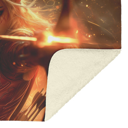 Blood Elf Hunter Fleece Sherpa Blanket Crimson Armor Glowing Bow Golden Textures Cosmic Highlights Bold Majestic Design - Awakening Righteousness