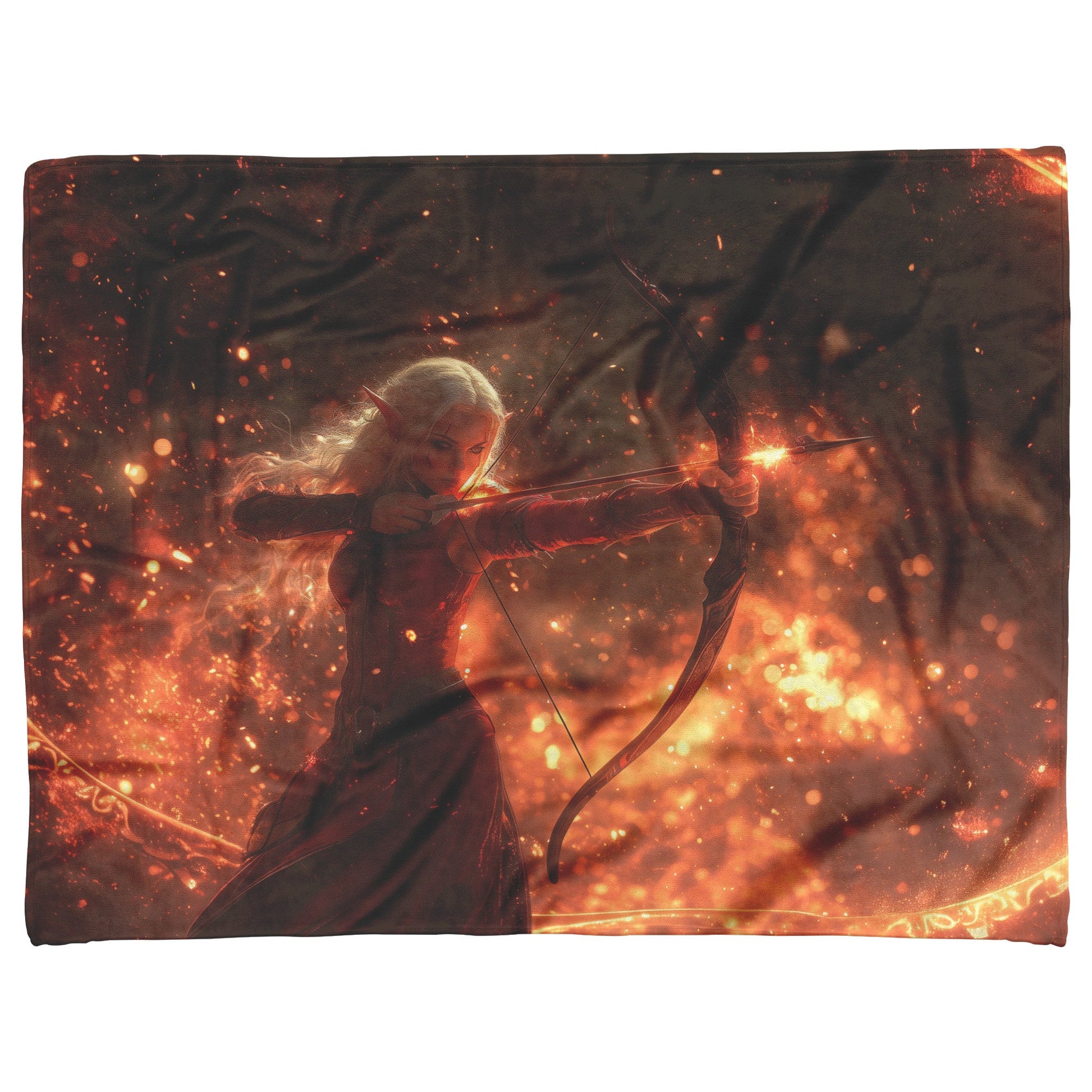 Blood Elf Hunter Fleece Sherpa Blanket Crimson Armor Glowing Bow Golden Textures Cosmic Highlights Majestic WoW Design - Awakening Righteousness