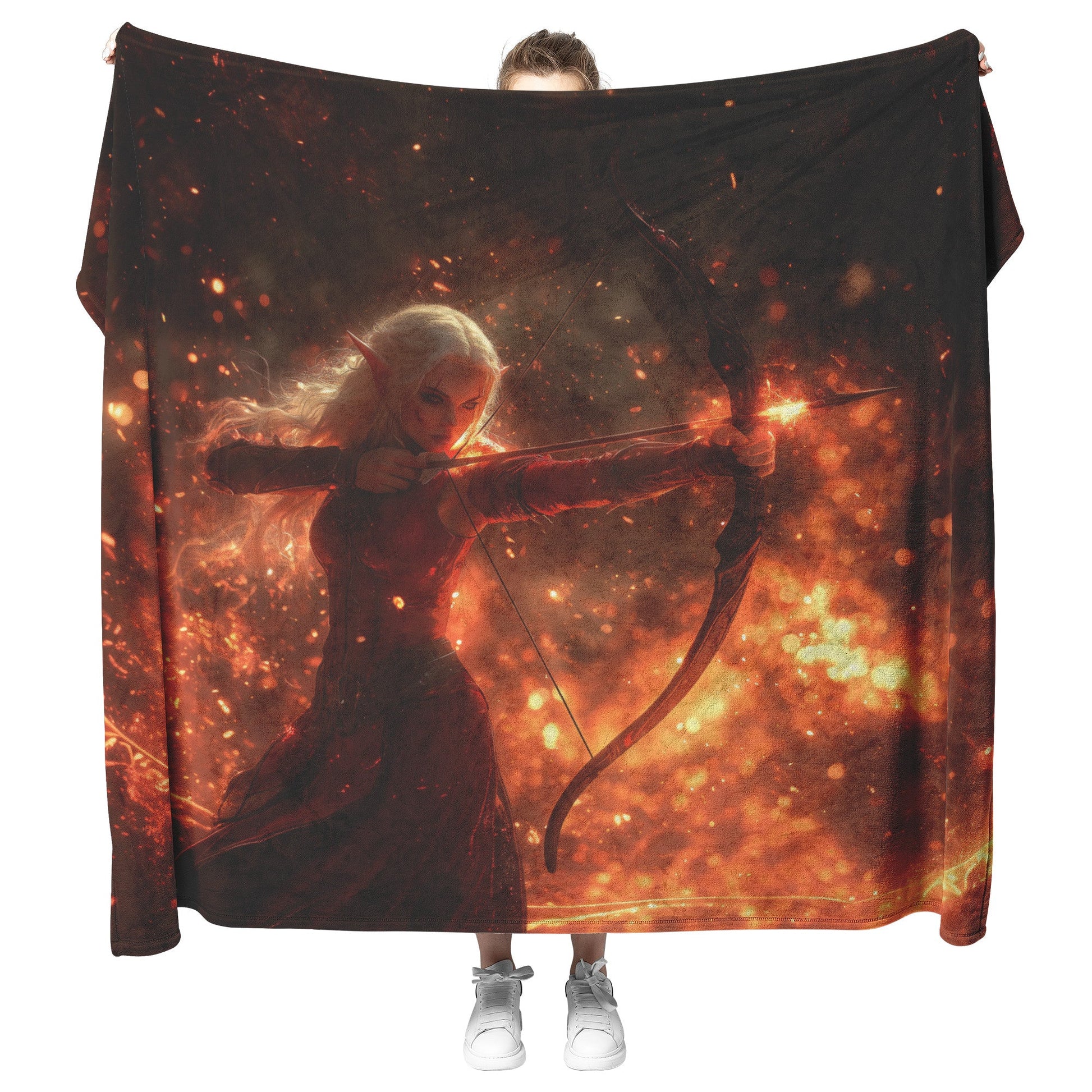 Blood Elf Hunter Fleece Sherpa Blanket Crimson Armor Glowing Bow Golden Textures Cosmic Highlights Majestic WoW Design - Awakening Righteousness