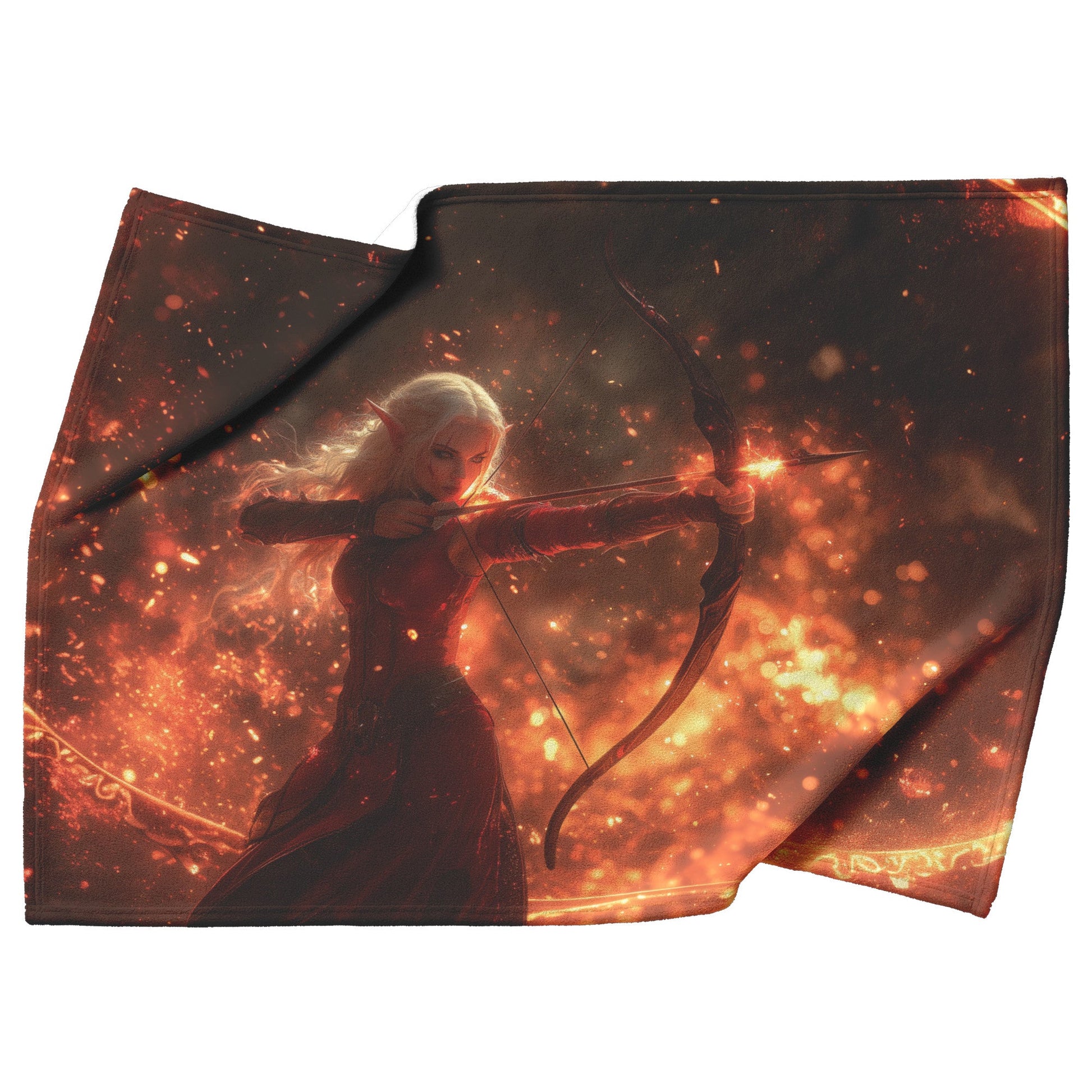 Blood Elf Hunter Fleece Sherpa Blanket Crimson Armor Glowing Bow Golden Textures Cosmic Highlights Majestic WoW Design - Awakening Righteousness