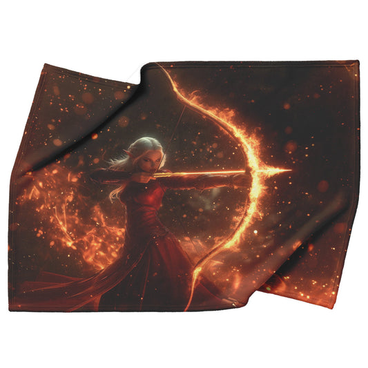 Blood Elf Hunter Fleece Sherpa Blanket Crimson Leather Armor Glowing Bow Golden Textures Cosmic Highlights Majestic WoW Design - Awakening Righteousness