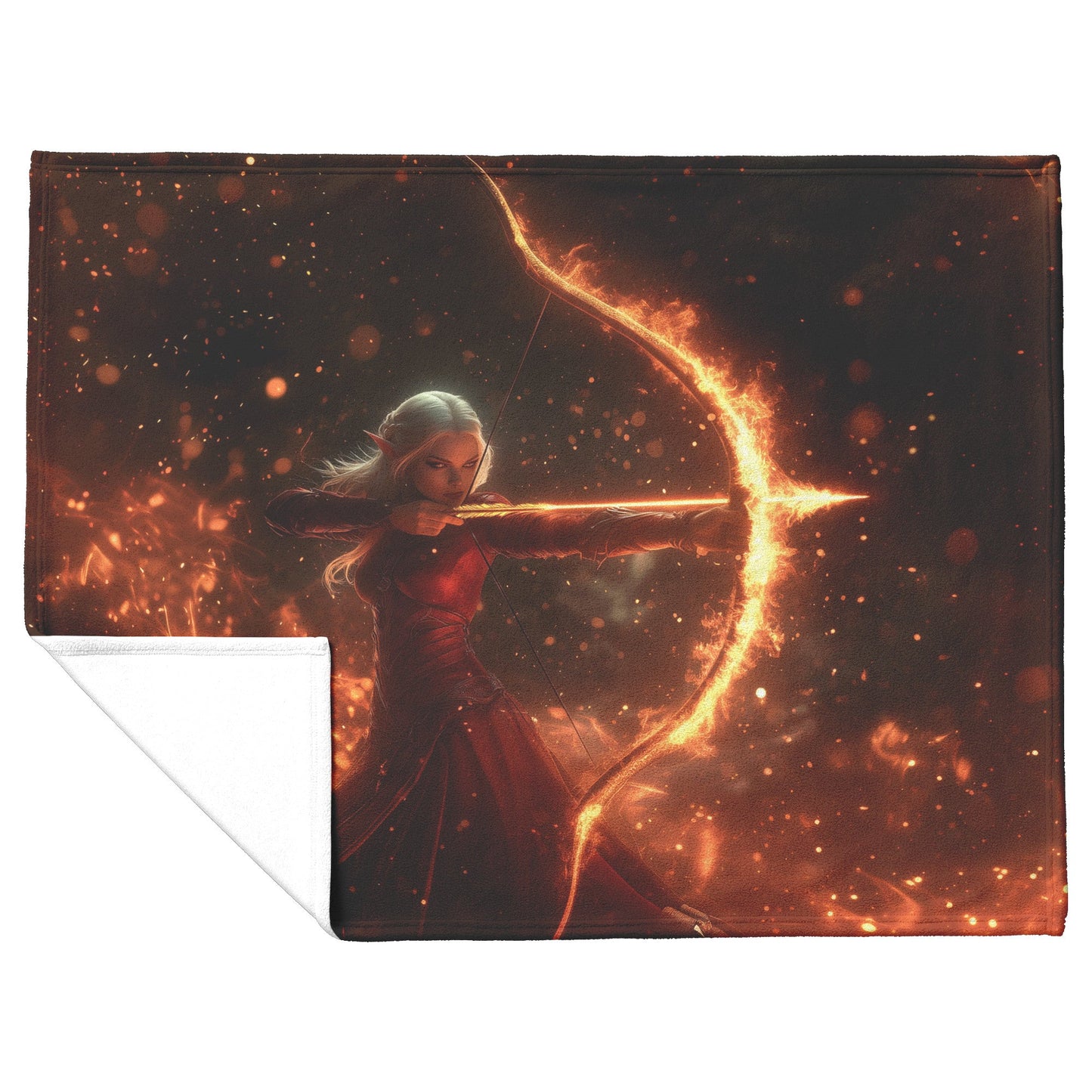 Blood Elf Hunter Fleece Sherpa Blanket Crimson Leather Armor Glowing Bow Golden Textures Cosmic Highlights Majestic WoW Design - Awakening Righteousness