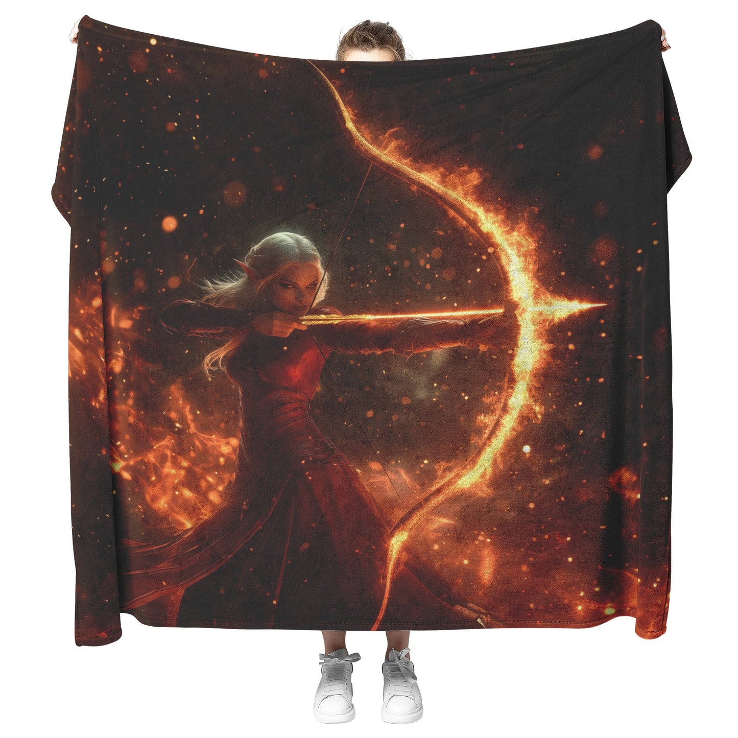 Blood Elf Hunter Fleece Sherpa Blanket Crimson Leather Armor Glowing Bow Golden Textures Cosmic Highlights Majestic WoW Design - Awakening Righteousness