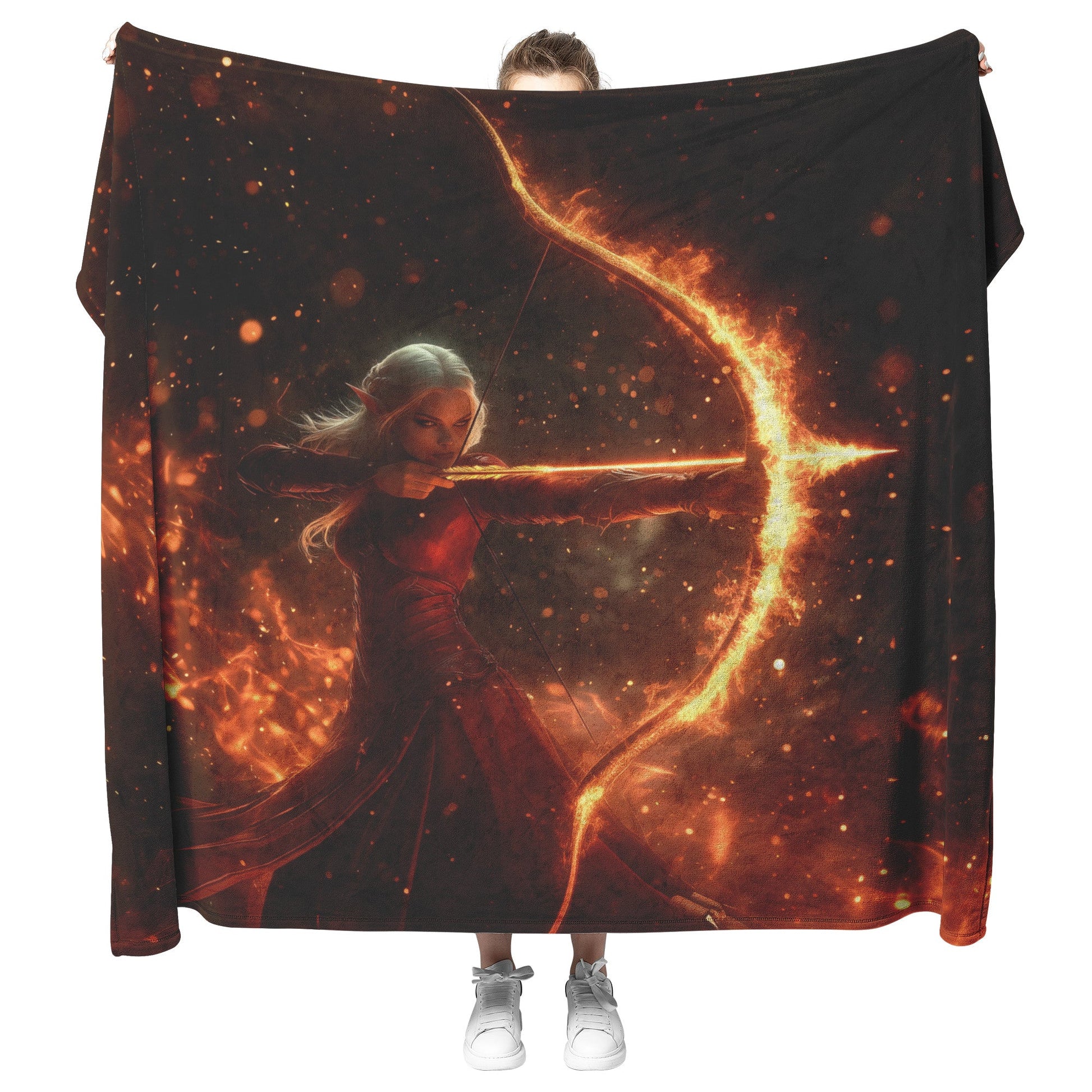 Blood Elf Hunter Fleece Sherpa Blanket Crimson Leather Armor Glowing Bow Golden Textures Cosmic Highlights Majestic WoW Design - Awakening Righteousness