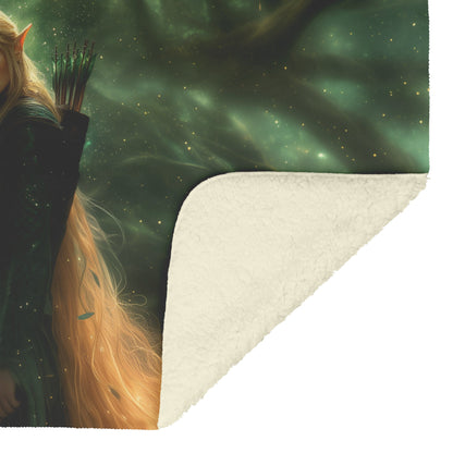 Blood Elf Hunter Fleece Sherpa Blanket Dense Forest Glowing Arrows Shimmering Stars Green Mist Peaceful Powerful WoW Design - Awakening Righteousness