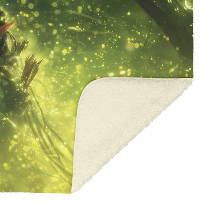 Blood Elf Hunter Fleece Sherpa Blanket Enchanted Forest Golden Mist Green Light Trails Serene Elegant Design - Awakening Righteousness