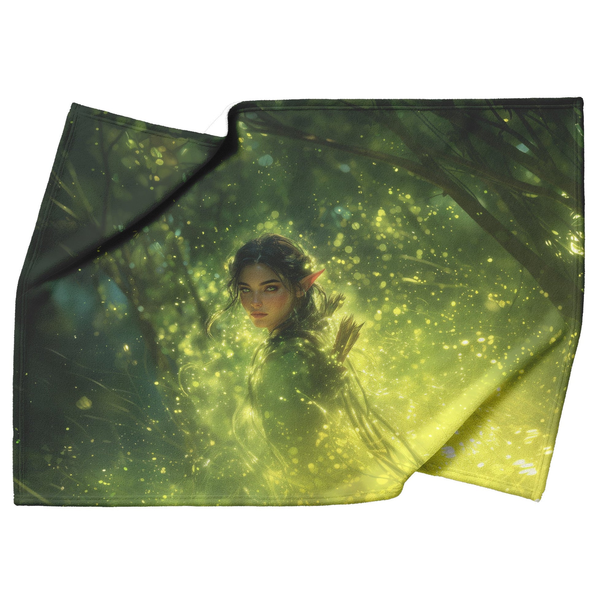 Blood Elf Hunter Fleece Sherpa Blanket Enchanted Forest Golden Mist Green Light Trails Serene Elegant Design - Awakening Righteousness