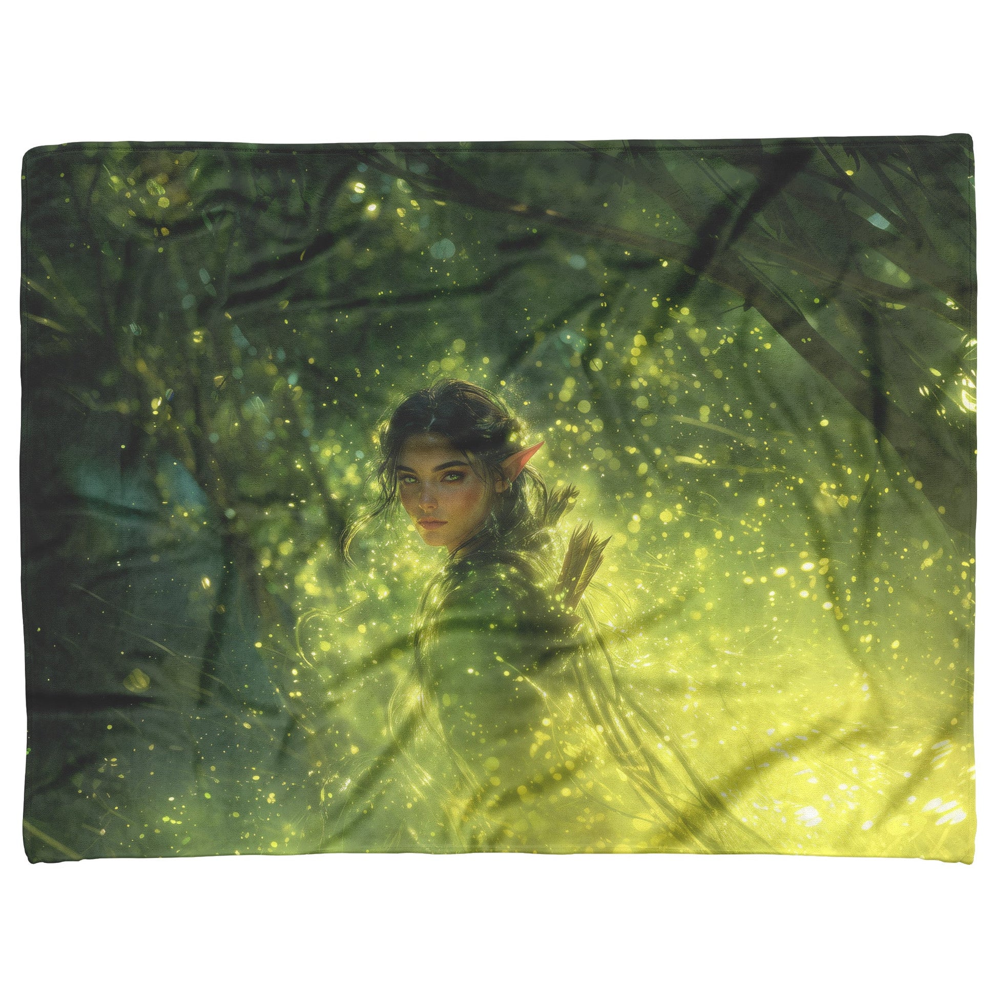 Blood Elf Hunter Fleece Sherpa Blanket Enchanted Forest Golden Mist Green Light Trails Serene Elegant Design - Awakening Righteousness