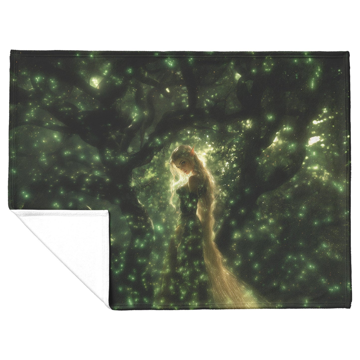 Blood Elf Hunter Fleece Sherpa Blanket Enchanted Forest Golden Mist Green Light Trails Serene Elegant WoW Design - Awakening Righteousness