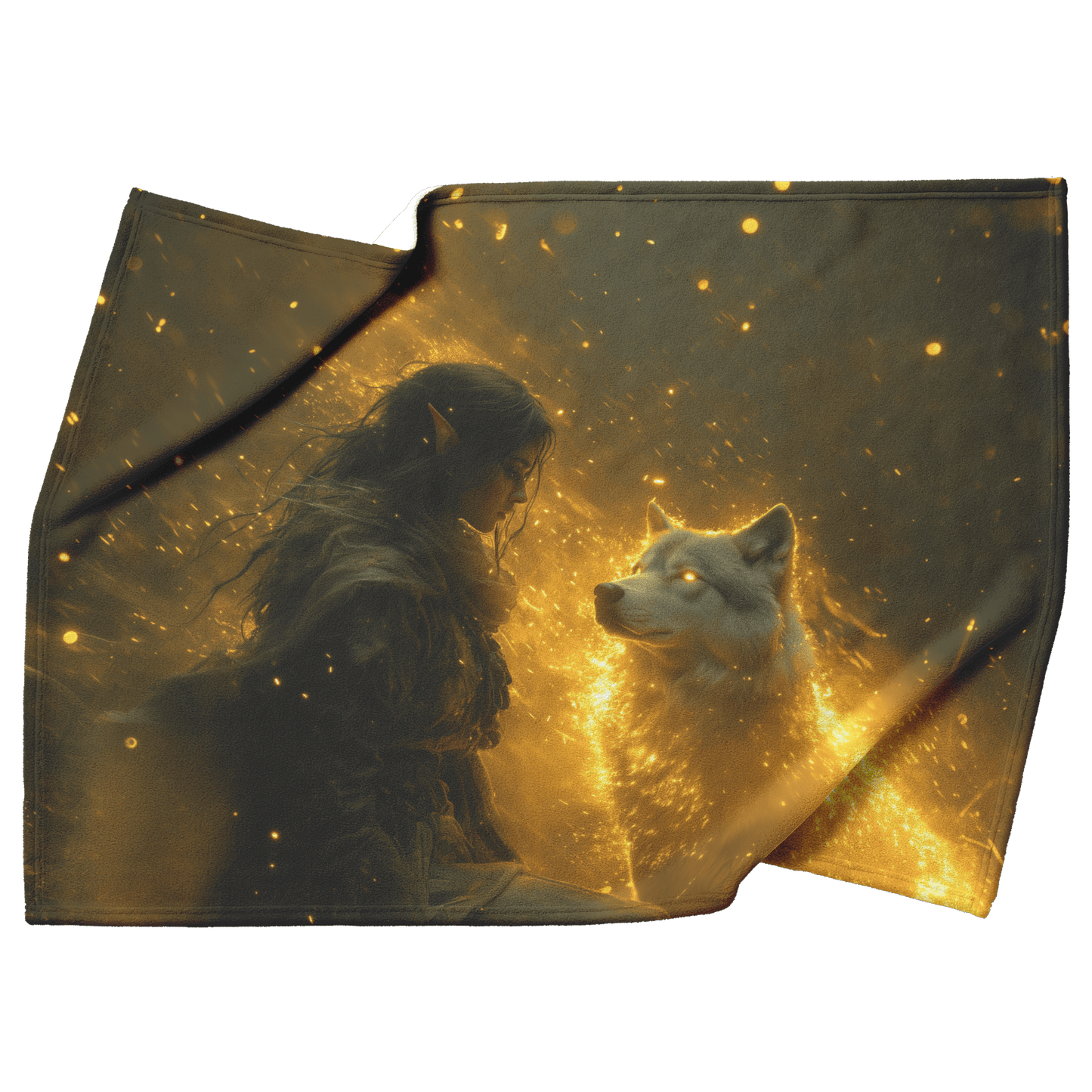 Blood Elf Hunter Fleece Sherpa Blanket Radiant Wolf Golden Light Trails Cascading Textures Serene Inspiring WoW Design - Awakening Righteousness