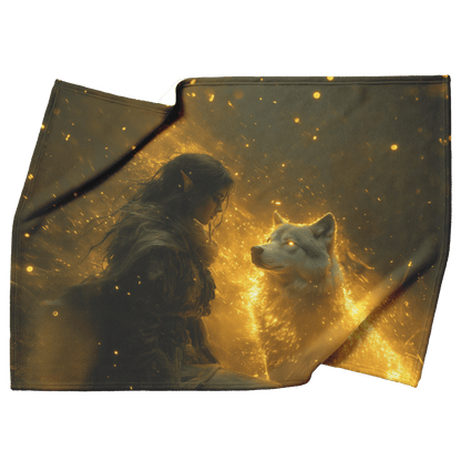 Blood Elf Hunter Fleece Sherpa Blanket Radiant Wolf Golden Light Trails Cascading Textures Serene Inspiring WoW Design - Awakening Righteousness
