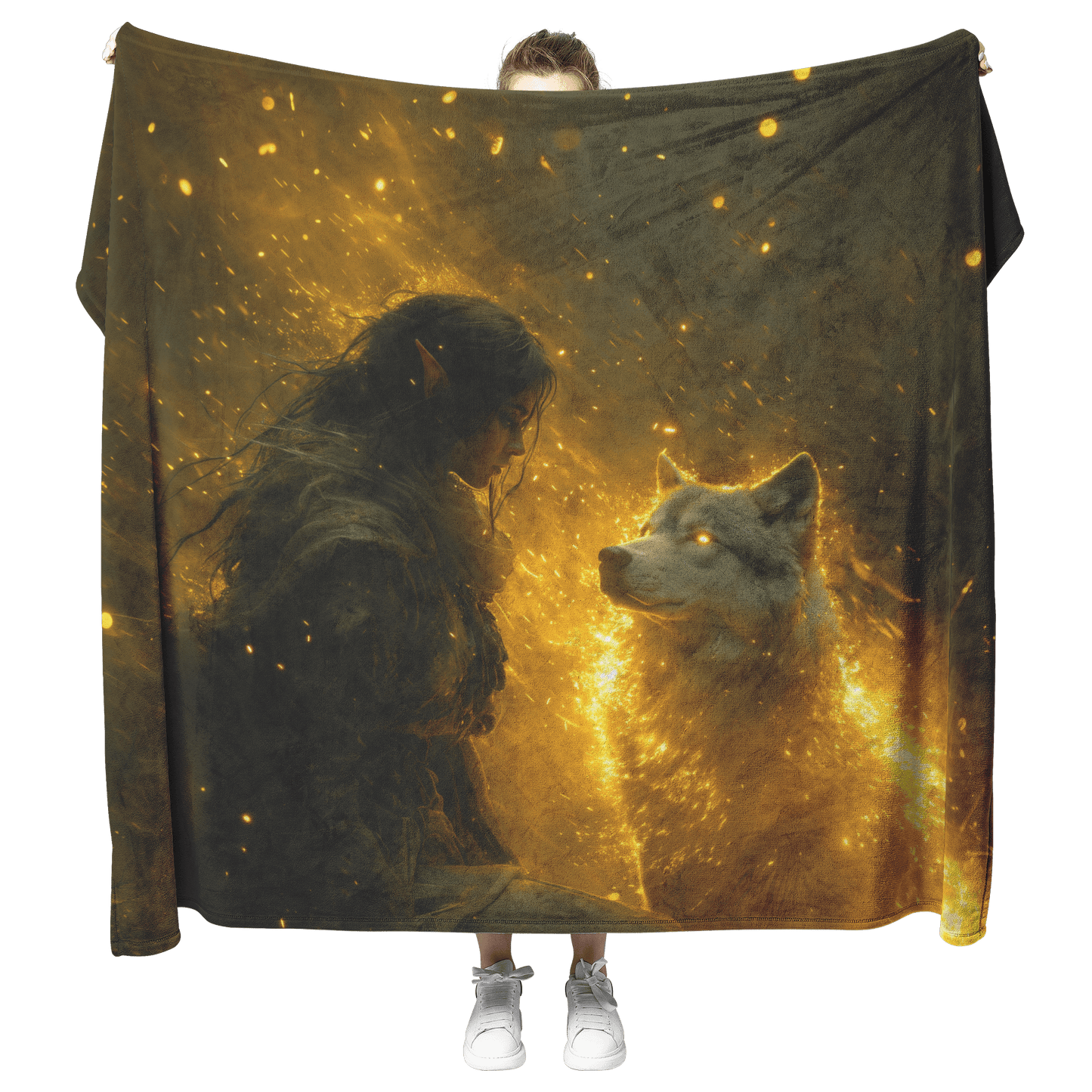 Blood Elf Hunter Fleece Sherpa Blanket Radiant Wolf Golden Light Trails Cascading Textures Serene Inspiring WoW Design - Awakening Righteousness