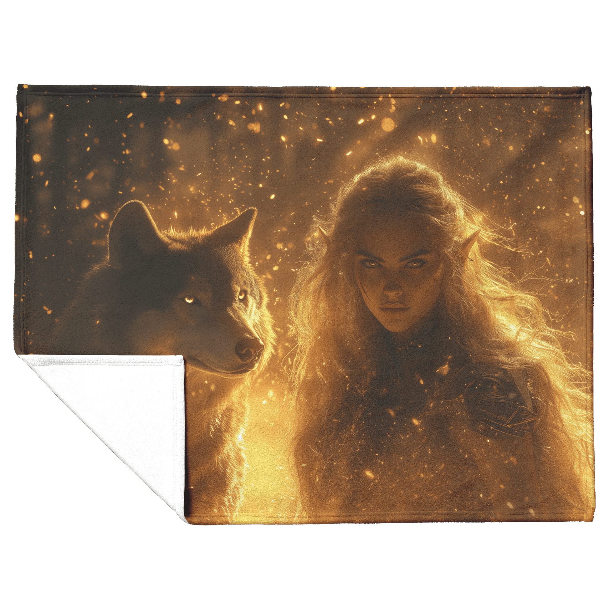 Blood Elf Hunter Fleece Sherpa Blanket Radiant Wolf Golden Light Trails Cascading Textures Serene Inspiring WoW Design - Awakening Righteousness