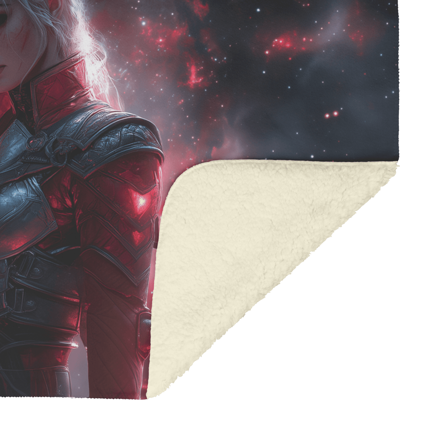 Blood Elf Hunter Fleece Sherpa Blanket Silver Crimson Armor Cosmic Mist Glowing Stars Powerful Majestic Design - Awakening Righteousness