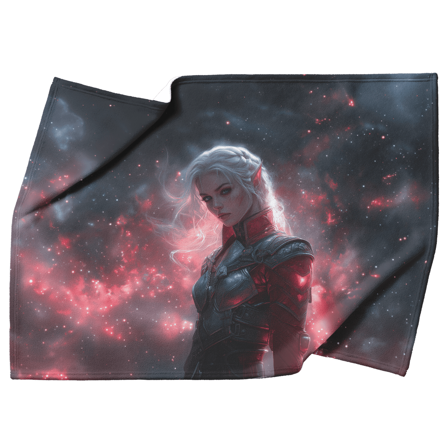 Blood Elf Hunter Fleece Sherpa Blanket Silver Crimson Armor Cosmic Mist Glowing Stars Powerful Majestic Design - Awakening Righteousness