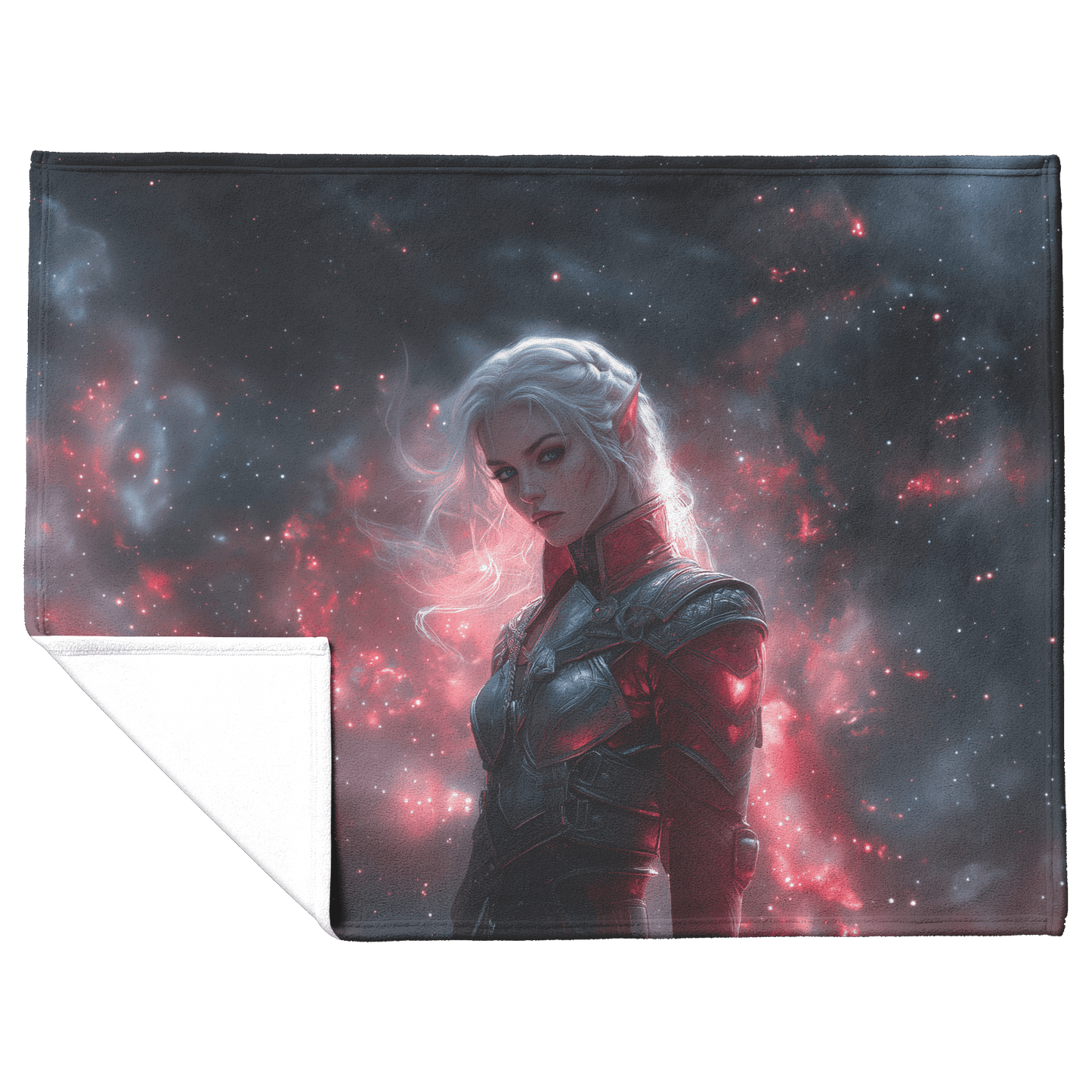 Blood Elf Hunter Fleece Sherpa Blanket Silver Crimson Armor Cosmic Mist Glowing Stars Powerful Majestic Design - Awakening Righteousness