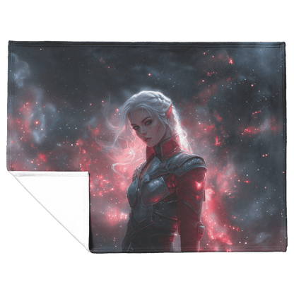Blood Elf Hunter Fleece Sherpa Blanket Silver Crimson Armor Cosmic Mist Glowing Stars Powerful Majestic Design - Awakening Righteousness