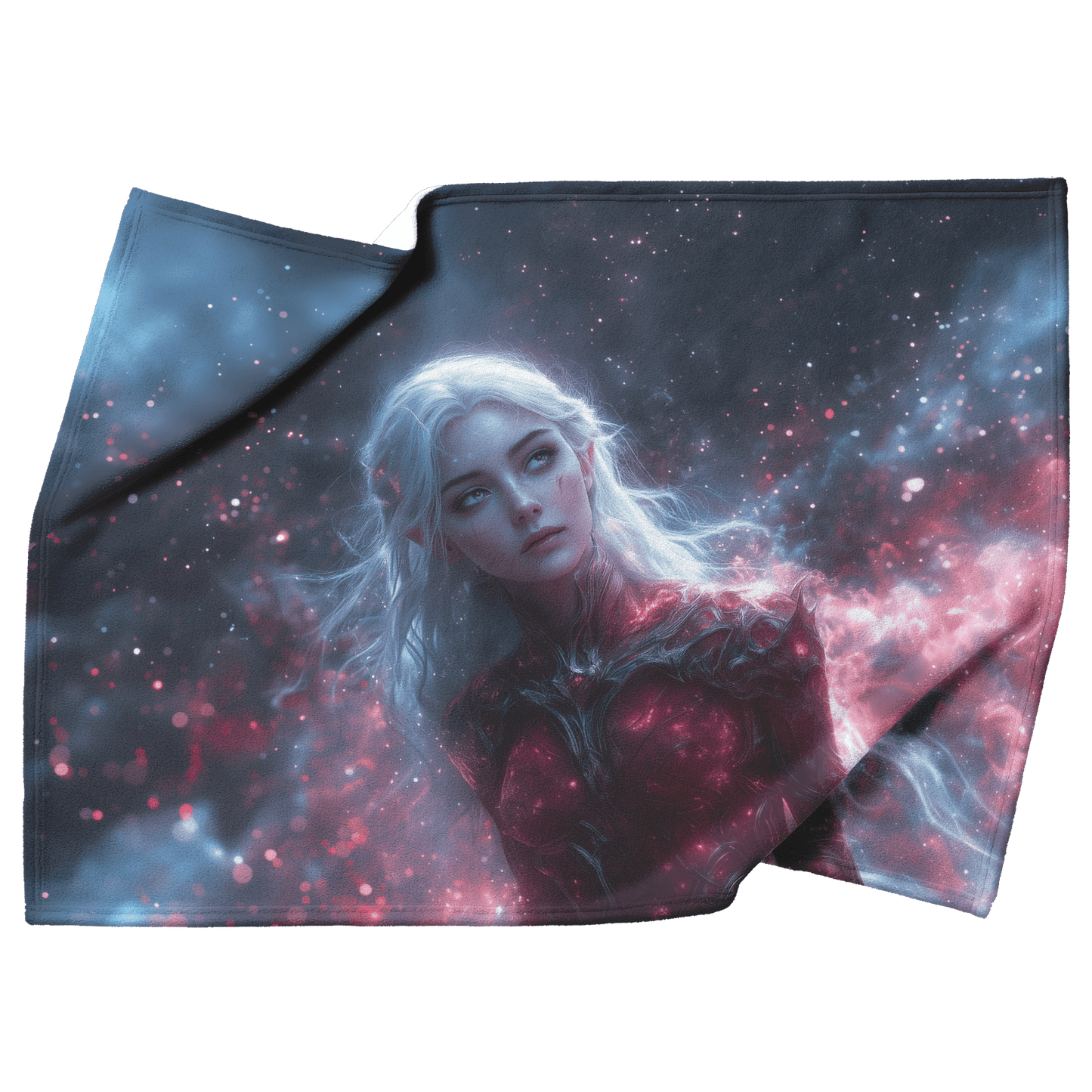 Blood Elf Hunter Fleece Sherpa Blanket Silver Crimson Armor Cosmic Mist Glowing Stars Powerful Majestic WoW Design - Awakening Righteousness