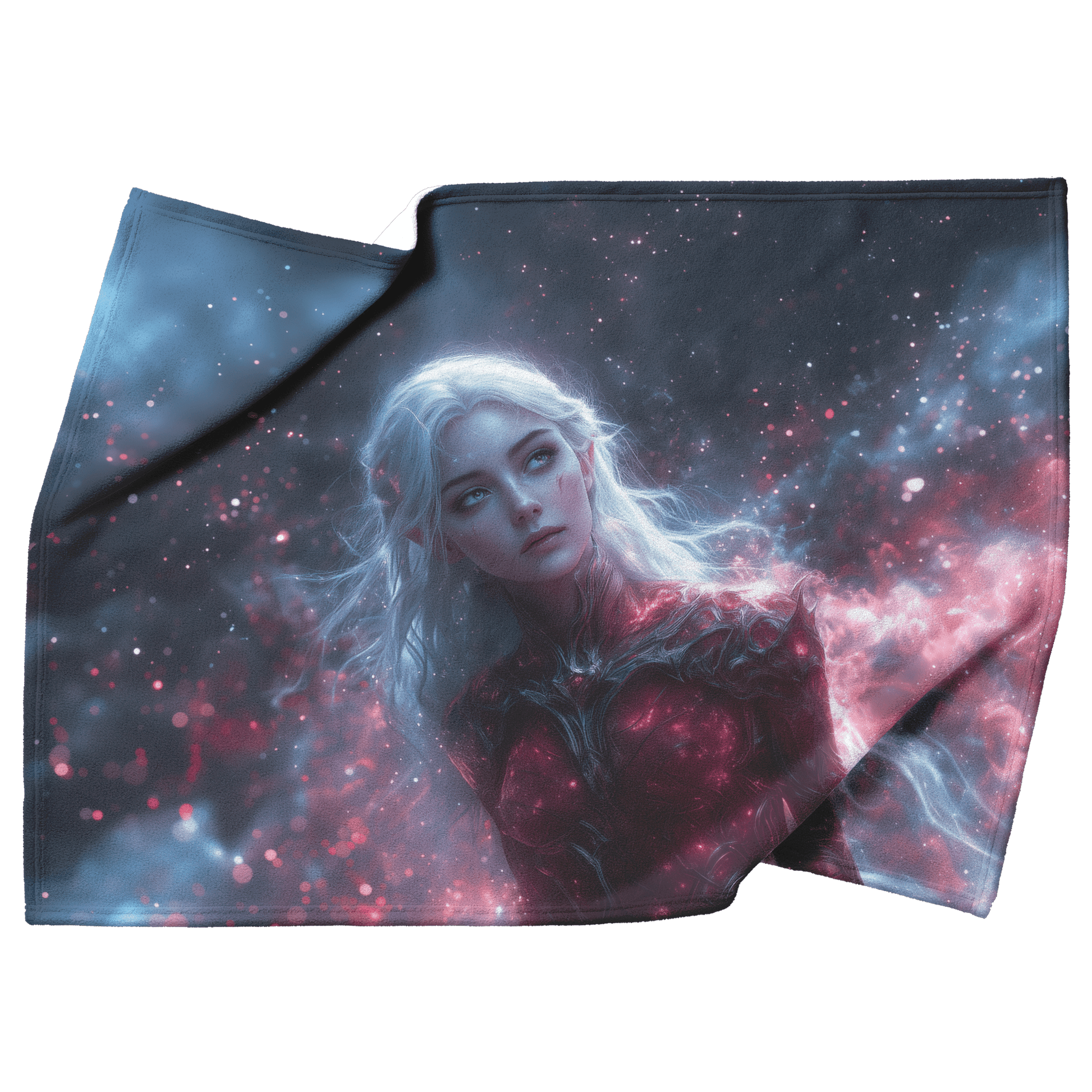 Blood Elf Hunter Fleece Sherpa Blanket Silver Crimson Armor Cosmic Mist Glowing Stars Powerful Majestic WoW Design - Awakening Righteousness