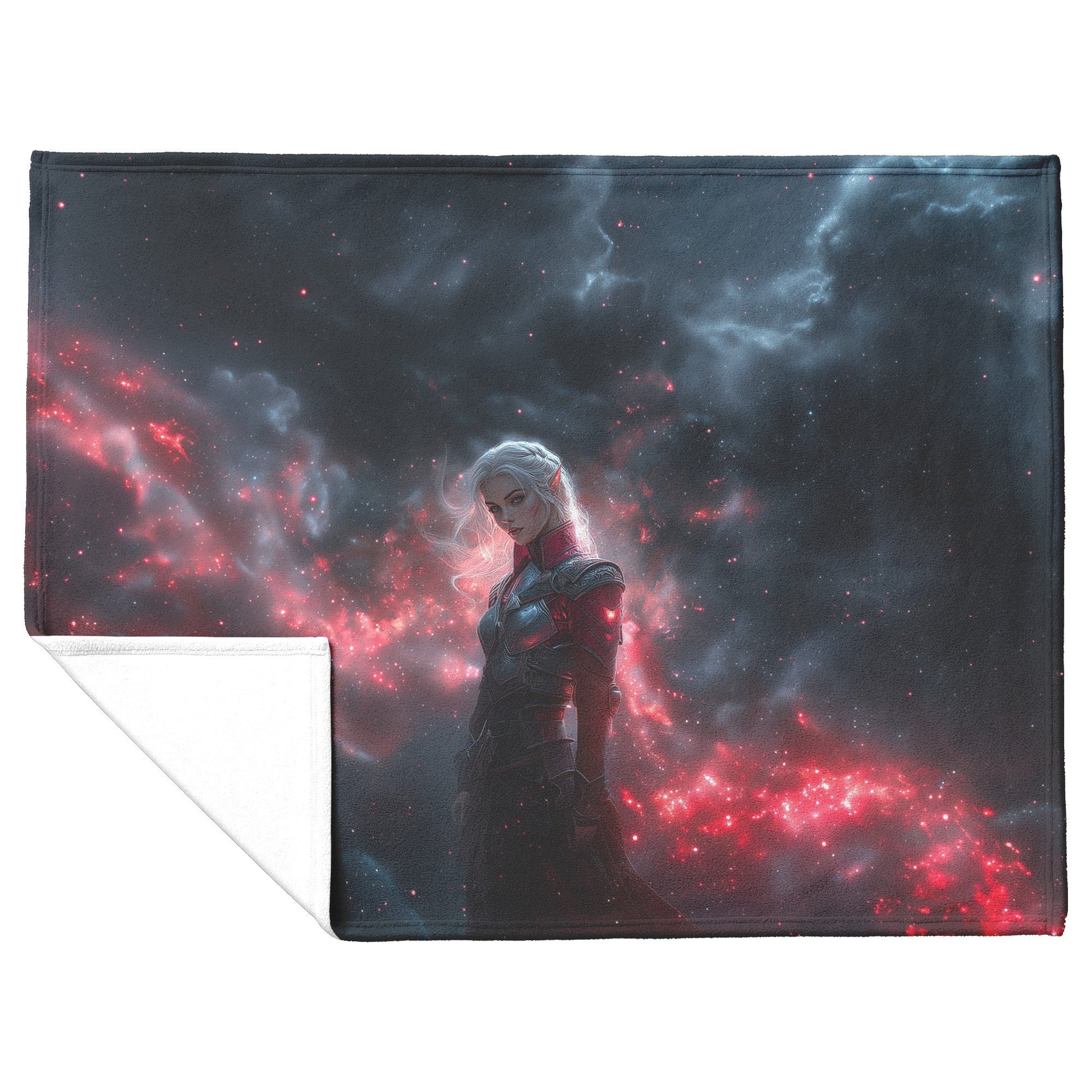 Blood Elf Hunter Fleece Sherpa Blanket Silver Crimson Armor Cosmic Mist Glowing Stars Powerful Majestic WoW Design - Awakening Righteousness