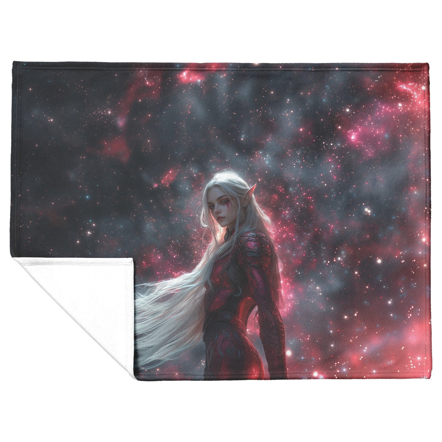 Blood Elf Hunter Fleece Sherpa Blanket Silver Crimson Armor Cosmic Mist Glowing Stars Powerful Majestic WoW Design - Awakening Righteousness