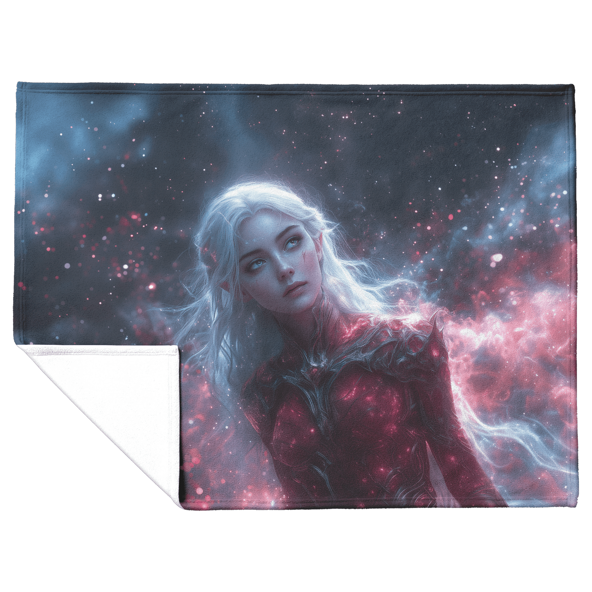 Blood Elf Hunter Fleece Sherpa Blanket Silver Crimson Armor Cosmic Mist Glowing Stars Powerful Majestic WoW Design - Awakening Righteousness
