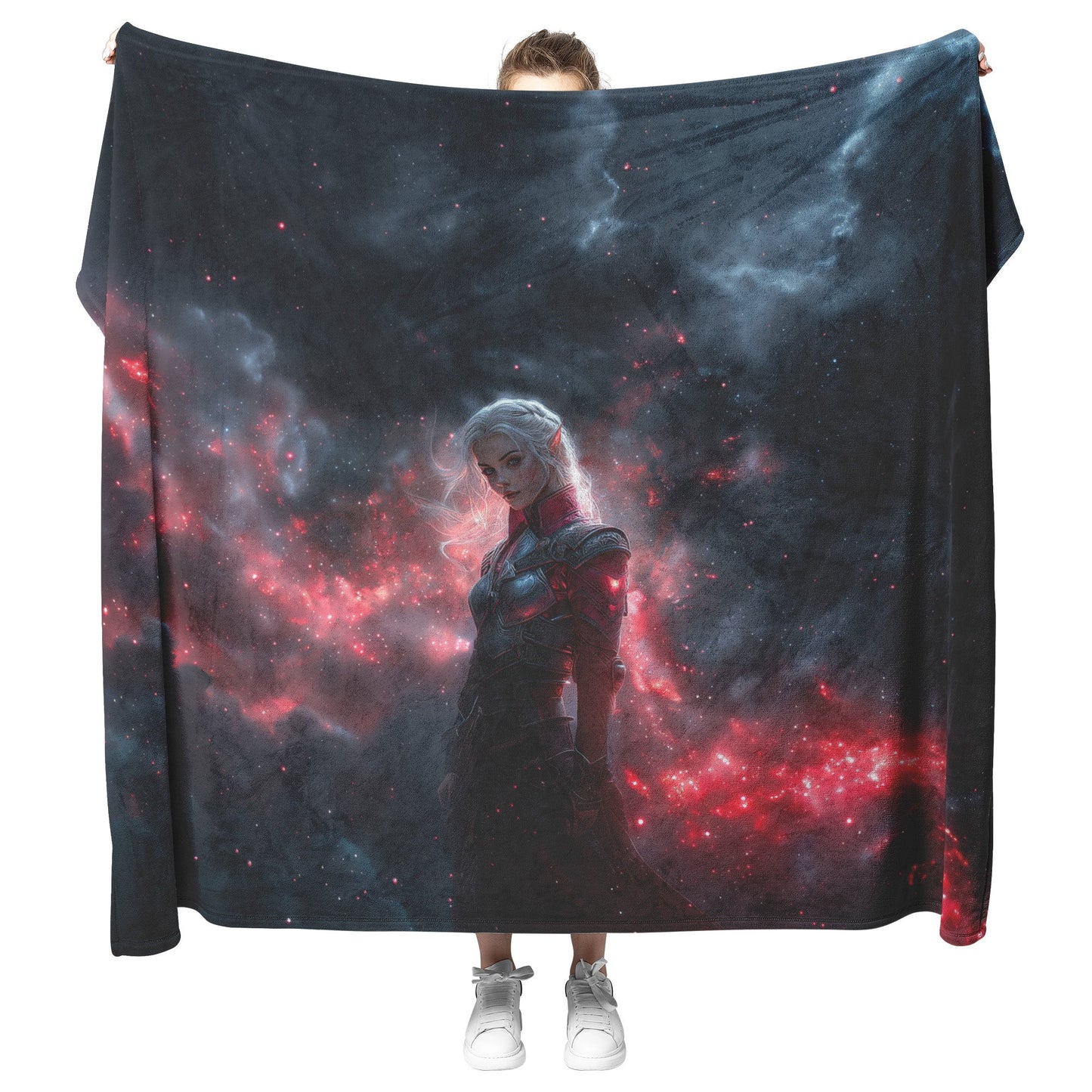 Blood Elf Hunter Fleece Sherpa Blanket Silver Crimson Armor Cosmic Mist Glowing Stars Powerful Majestic WoW Design - Awakening Righteousness