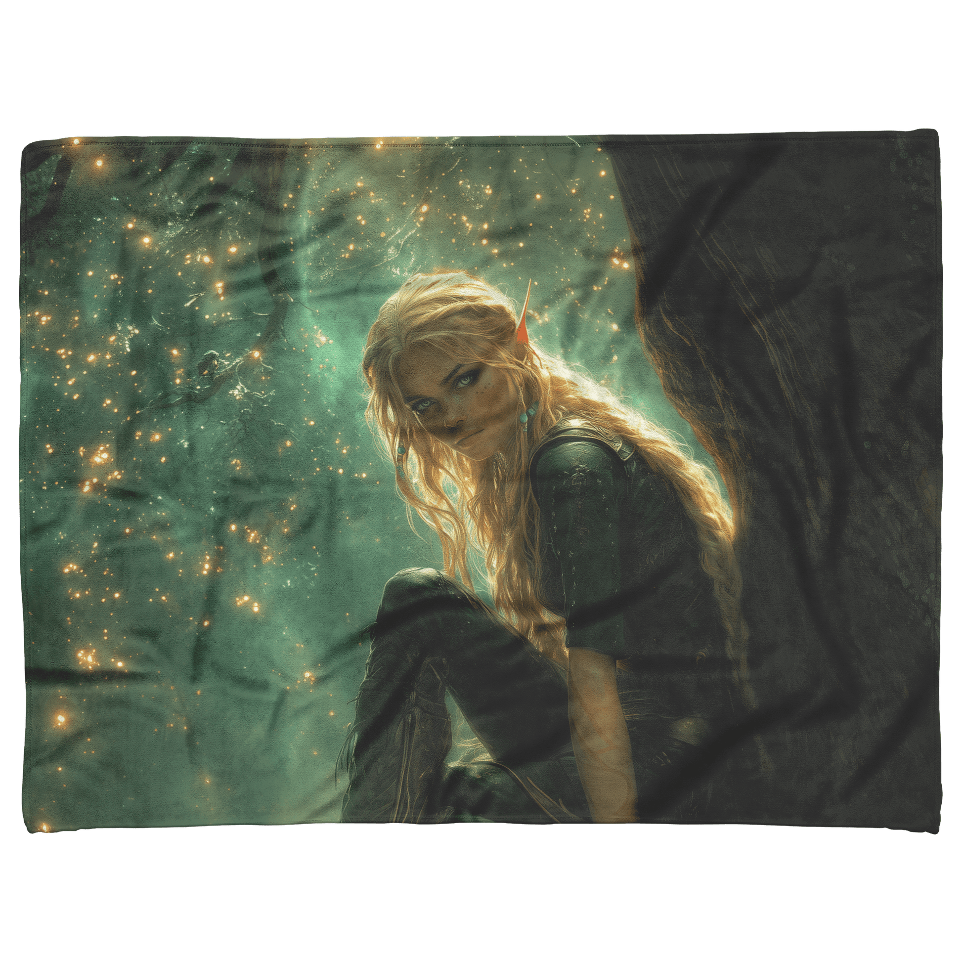 Blood Elf Hunter Fleece Sherpa Blanket Treetop Green Textures Golden Highlights Tranquil Peaceful WoW Design - Awakening Righteousness