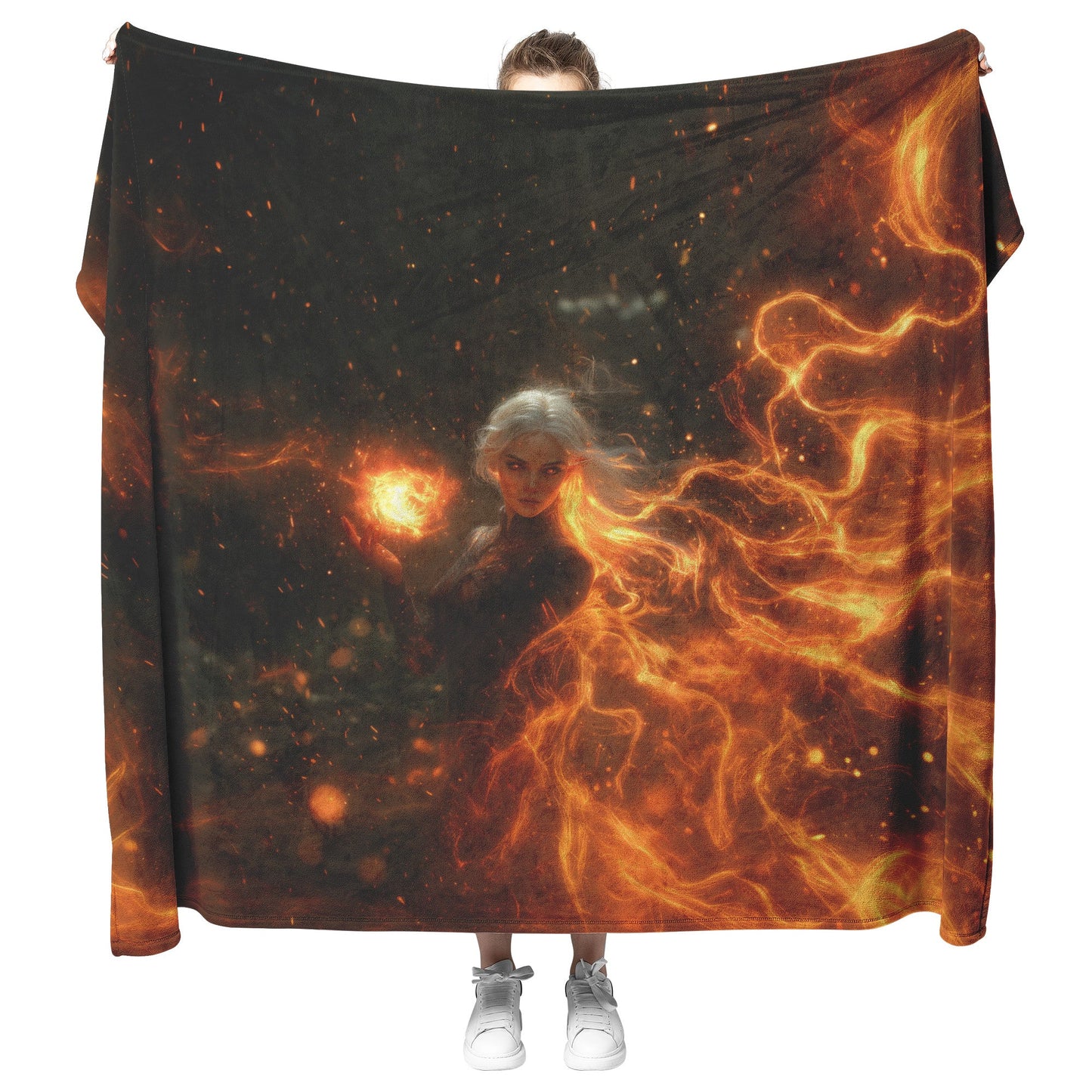 Blood Elf Mage Fleece Sherpa Blanket Fireball Red Orange Trails Golden Textures Cascading Stars Bold Vibrant Design - Awakening Righteousness