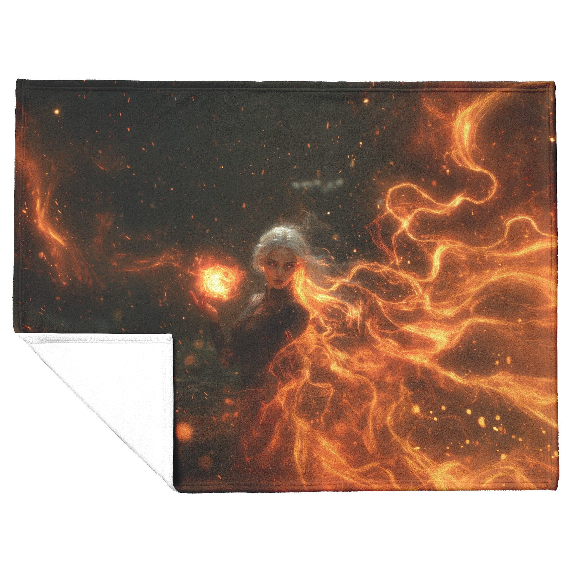 Blood Elf Mage Fleece Sherpa Blanket Fireball Red Orange Trails Golden Textures Cascading Stars Bold Vibrant Design - Awakening Righteousness