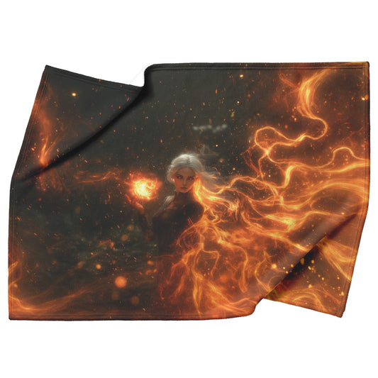 Blood Elf Mage Fleece Sherpa Blanket Fireball Red Orange Trails Golden Textures Cascading Stars Bold Vibrant Design - Awakening Righteousness