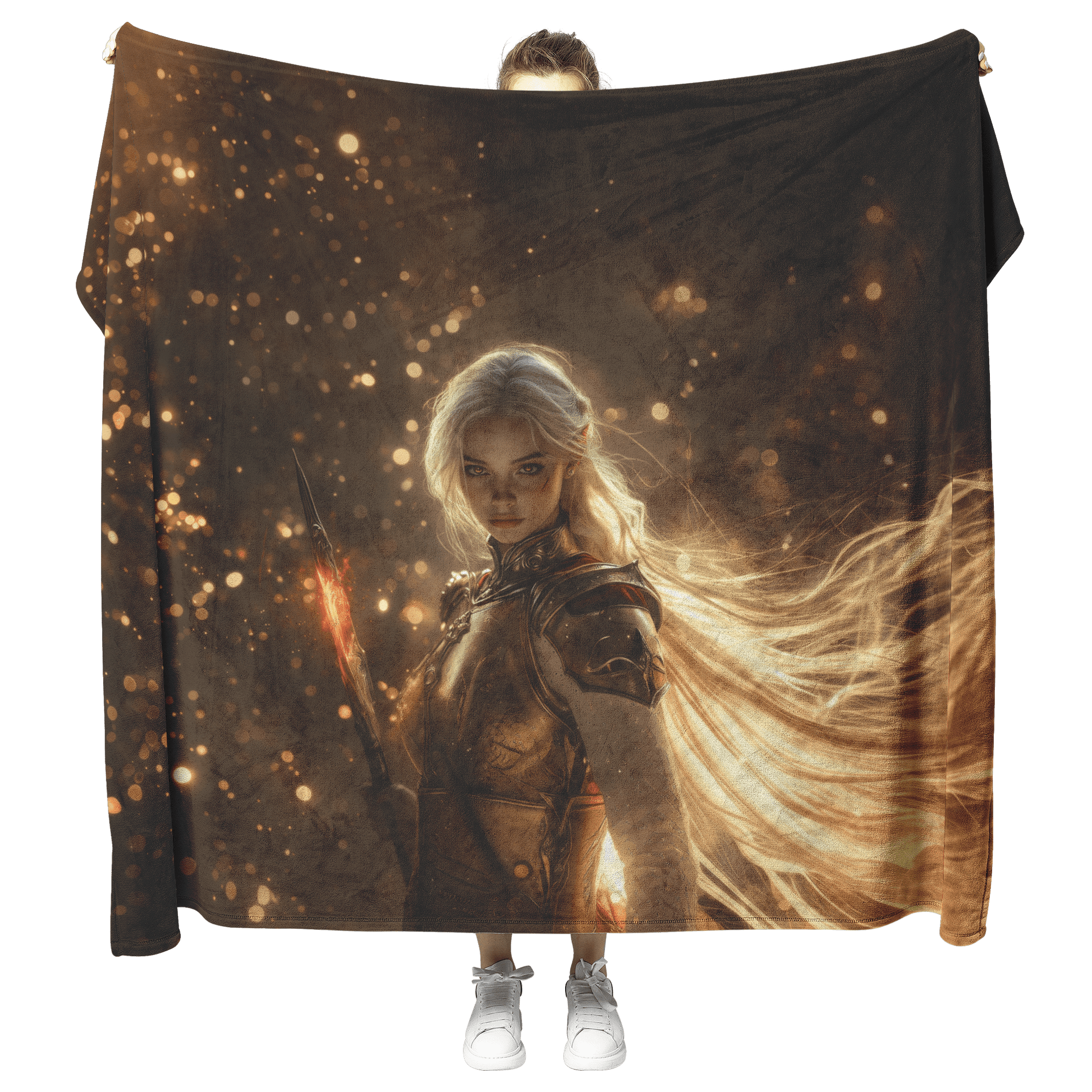 Blood Elf Paladin Fleece Sherpa Blanket Fiery Sword Silver Red Armor Golden Mist Glowing Reflections Bold Heroic WoW Design - Awakening Righteousness