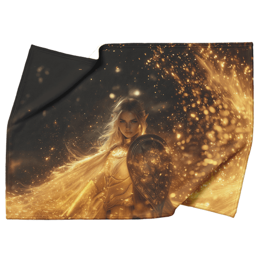 Blood Elf Paladin Fleece Sherpa Blanket Gold Crimson Armor Radiant Shield Cosmic Stars Glowing Accents Bold Elegant WoW Design - Awakening Righteousness