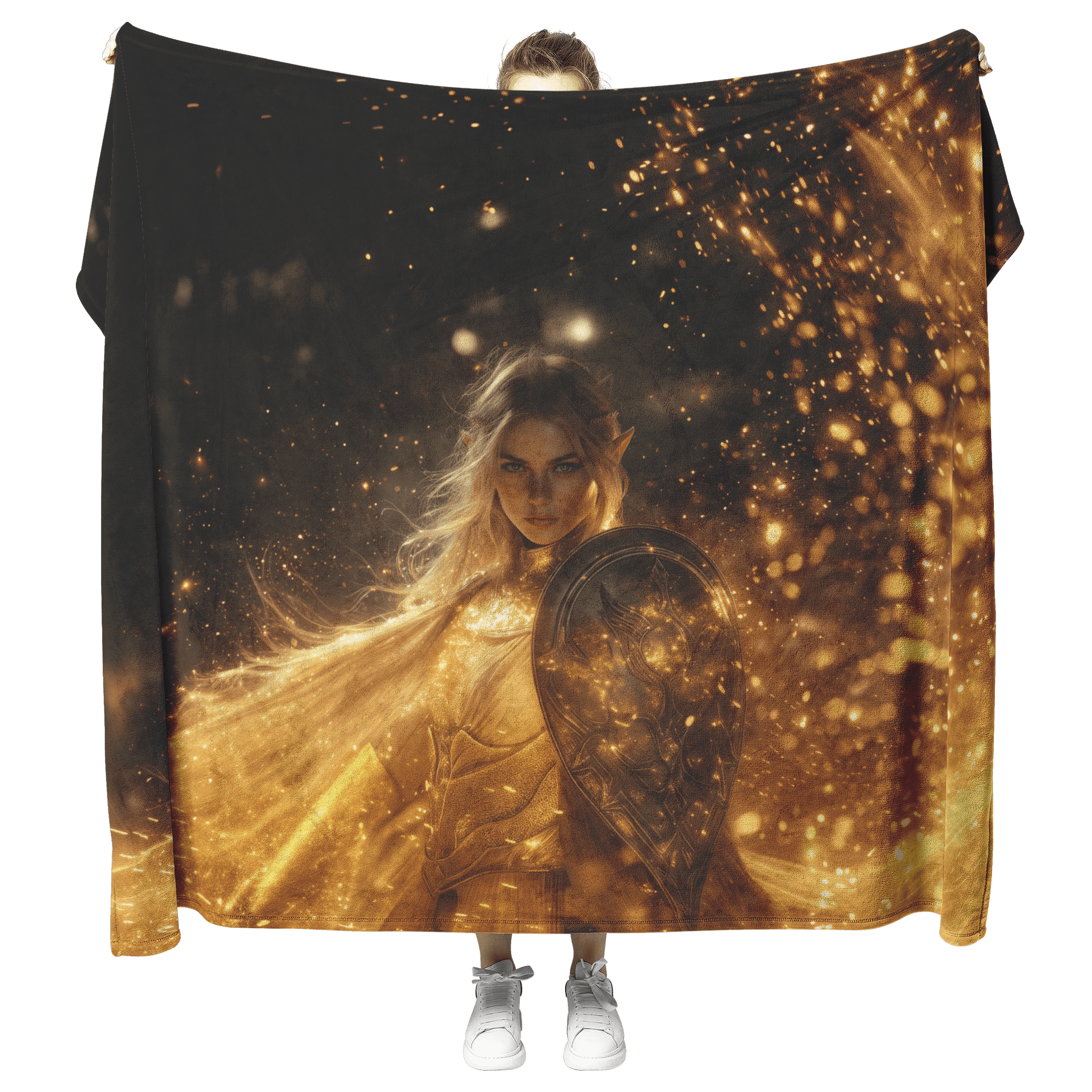 Blood Elf Paladin Fleece Sherpa Blanket Gold Crimson Armor Radiant Shield Cosmic Stars Glowing Accents Bold Elegant WoW Design - Awakening Righteousness