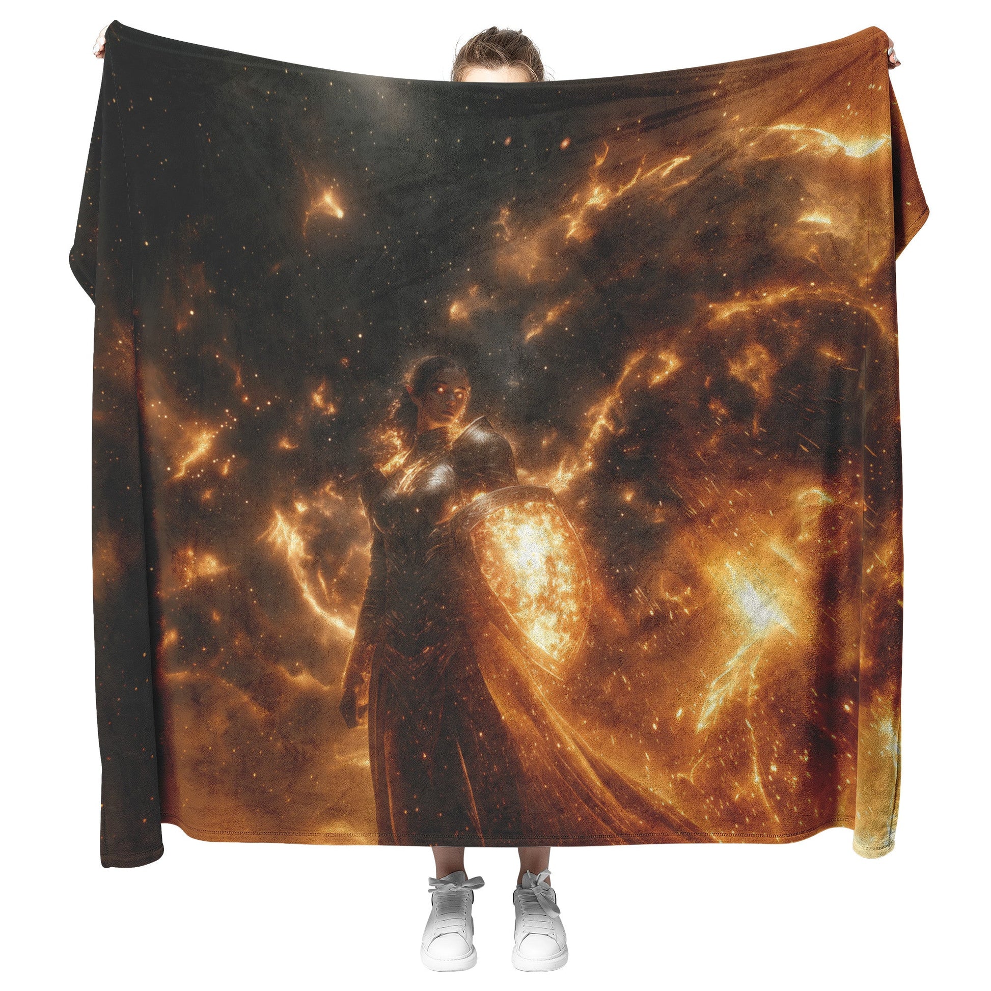Blood Elf Paladin Fleece Sherpa Blanket Gold Crimson Armor Radiant Shield Cosmic Stars Glowing Accents Bold Elegant WoW Design - Awakening Righteousness