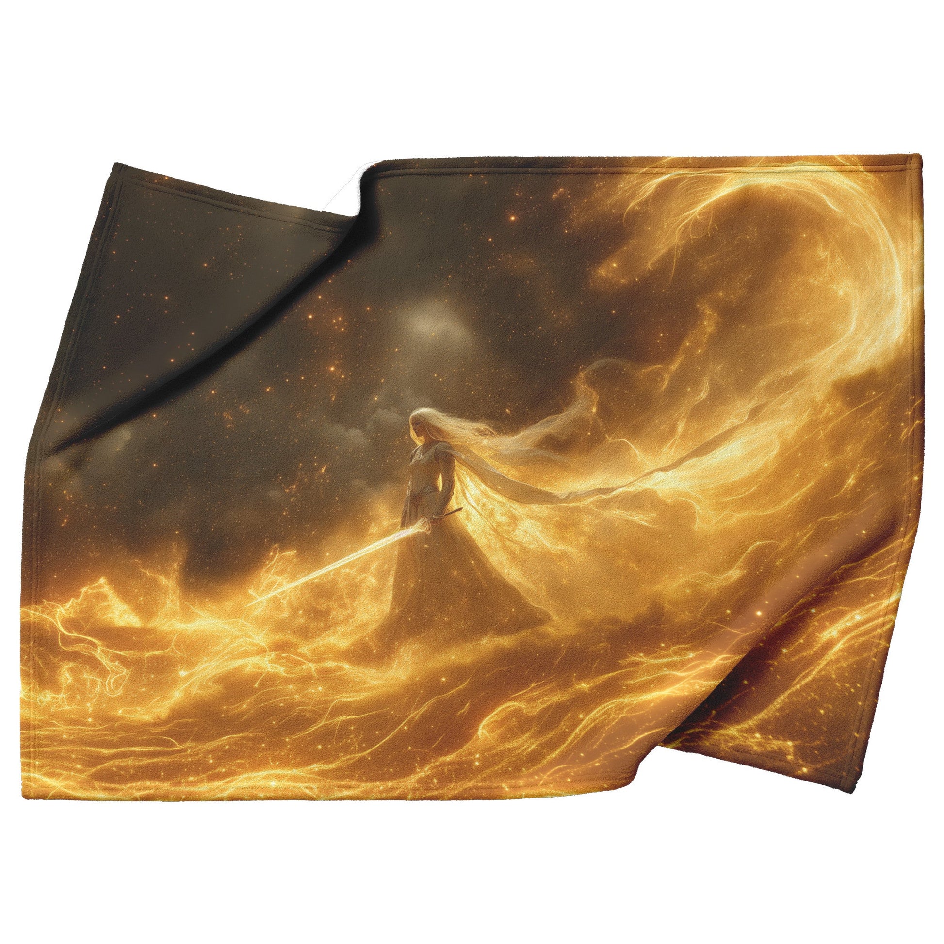 Blood Elf Paladin Fleece Sherpa Blanket Golden Battlefield Glowing Sword Shimmering Stars Majestic Inspiring WoW Design - Awakening Righteousness