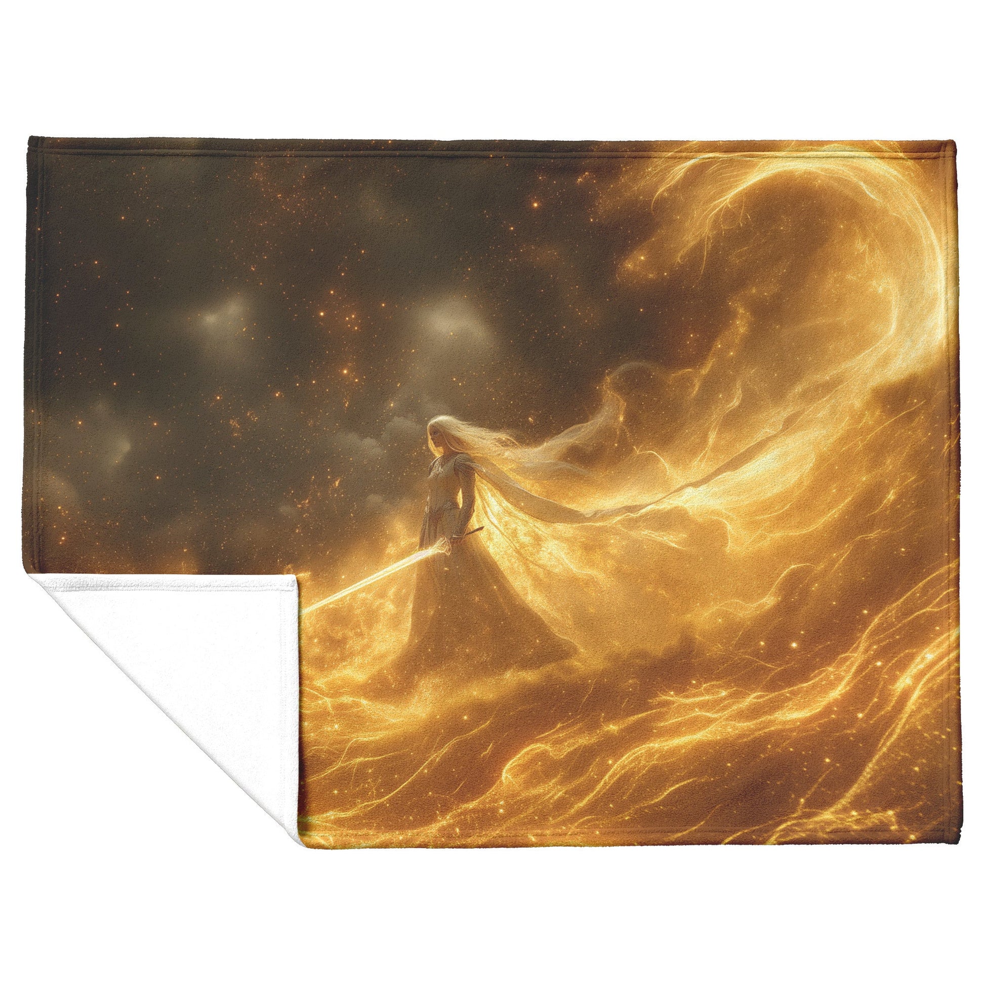 Blood Elf Paladin Fleece Sherpa Blanket Golden Battlefield Glowing Sword Shimmering Stars Majestic Inspiring WoW Design - Awakening Righteousness