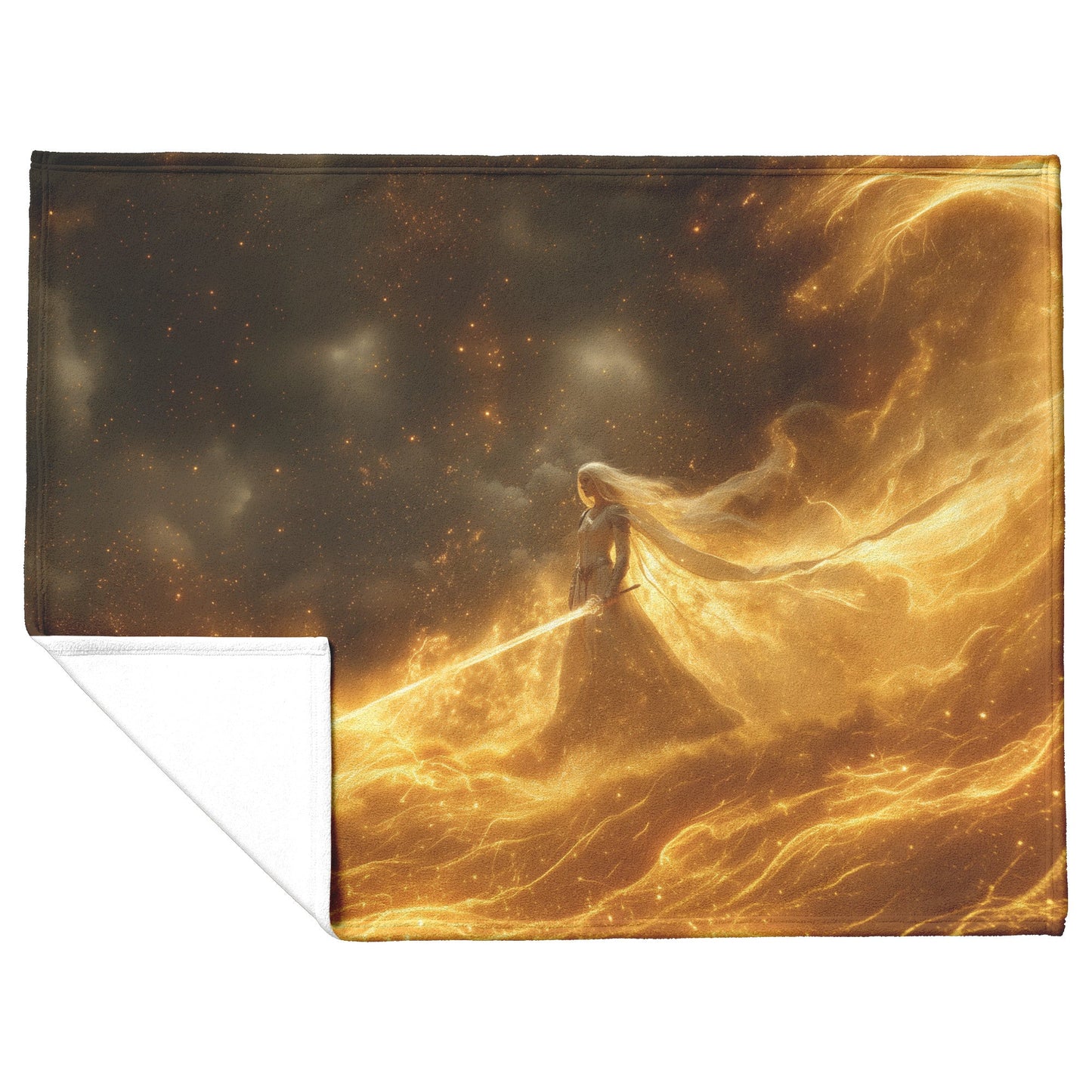 Blood Elf Paladin Fleece Sherpa Blanket Golden Battlefield Radiant Sword Shimmering Stars Majestic Inspiring WoW Design - Awakening Righteousness