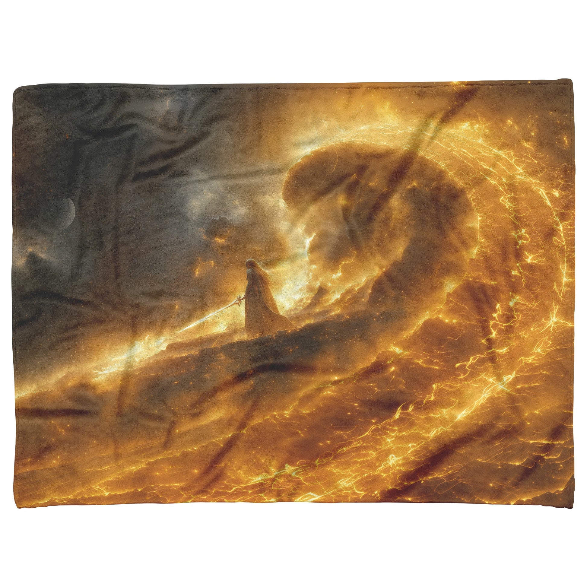 Blood Elf Paladin Fleece Sherpa Blanket Golden Battlefield Radiant Sword Shimmering Stars Majestic Inspiring WoW Design - Awakening Righteousness