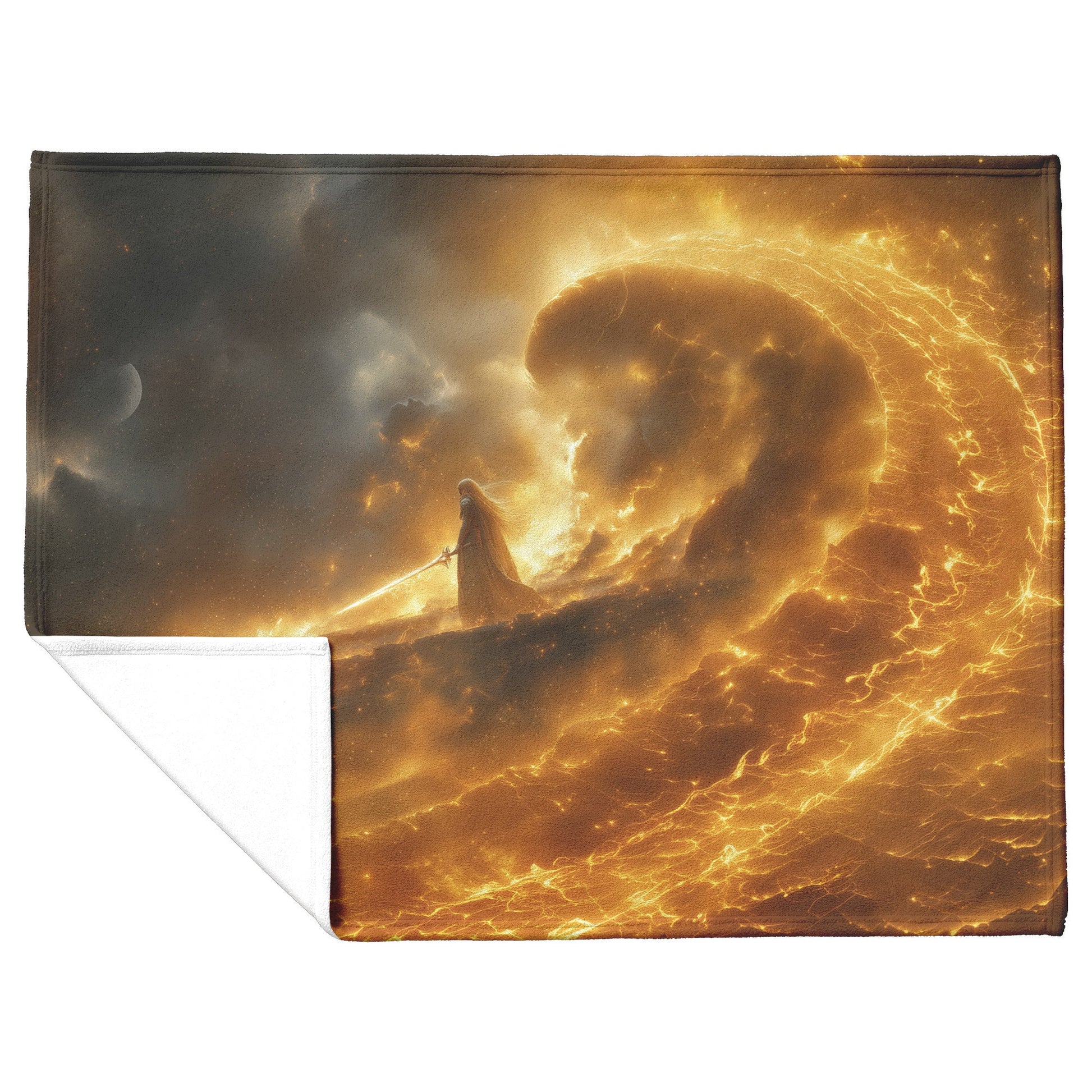 Blood Elf Paladin Fleece Sherpa Blanket Golden Battlefield Radiant Sword Shimmering Stars Majestic Inspiring WoW Design - Awakening Righteousness