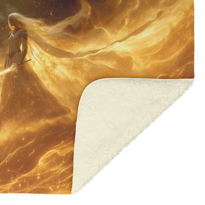 Blood Elf Paladin Fleece Sherpa Blanket Golden Battlefield Radiant Sword Shimmering Stars Majestic Inspiring WoW Design - Awakening Righteousness