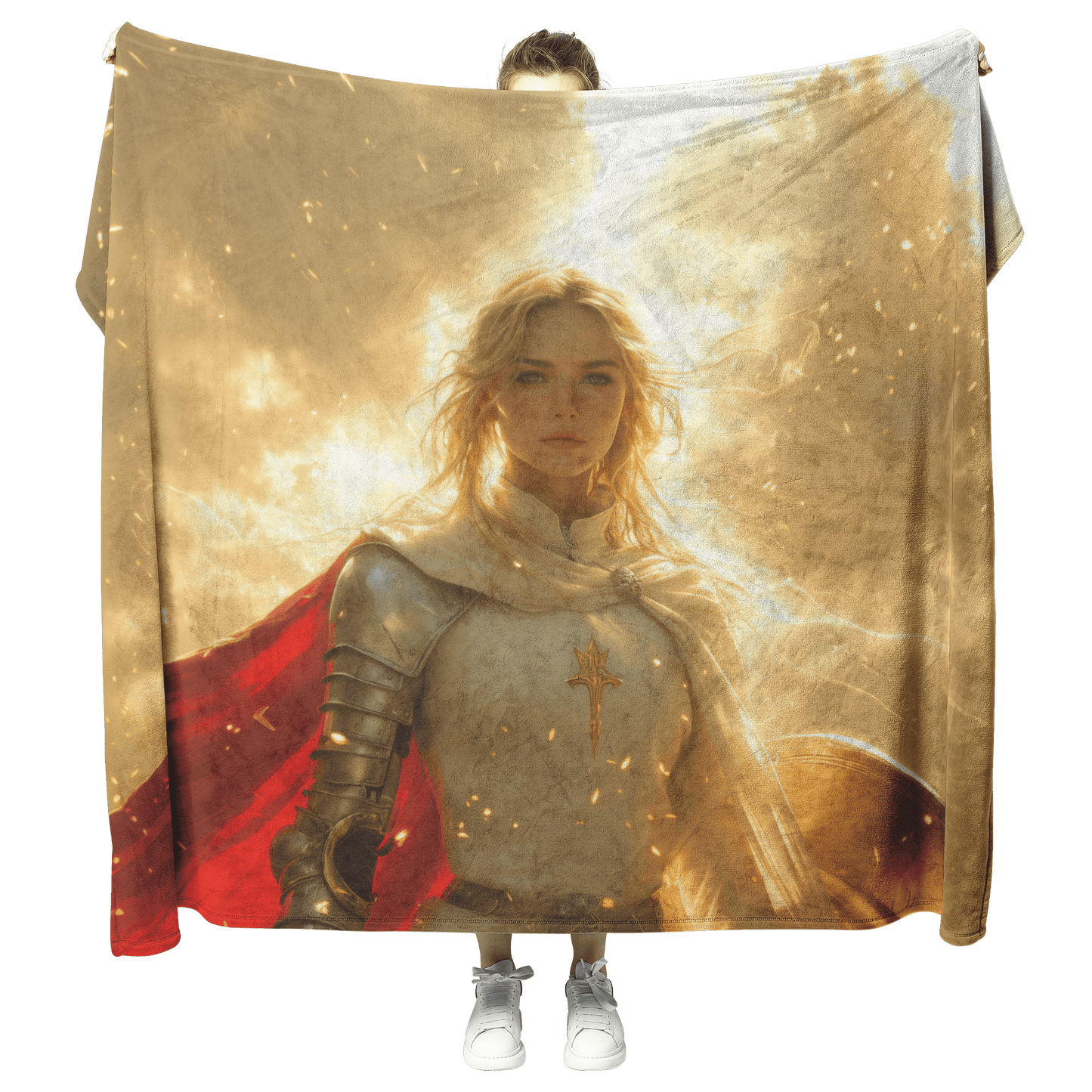 Blood Elf Paladin Fleece Sherpa Blanket Silver Red Armor Golden Glow Shield Light Trails Serene Majestic WoW Design - Awakening Righteousness