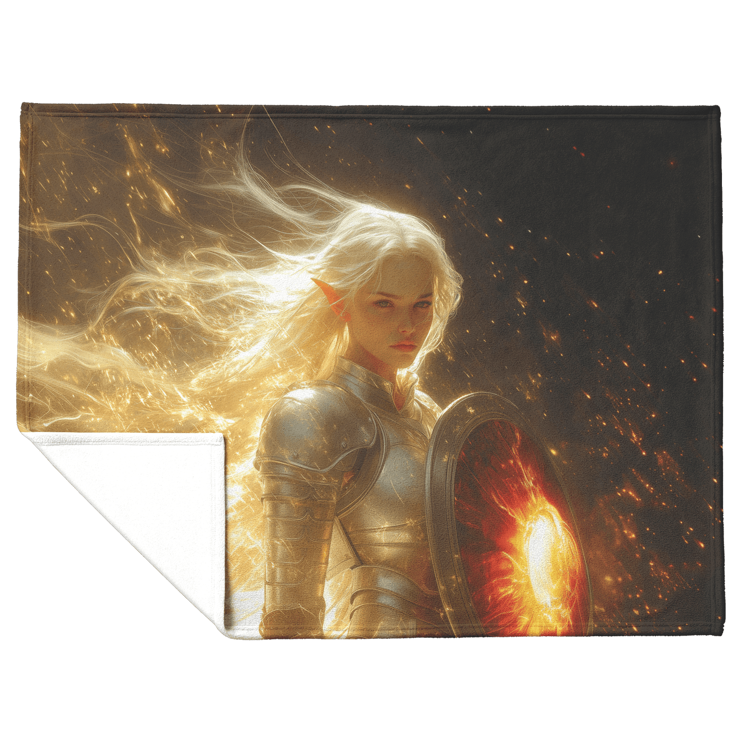 Blood Elf Paladin Fleece Sherpa Blanket Silver Red Armor Golden Glow Shield Light Trails Serene Majestic WoW Design - Awakening Righteousness