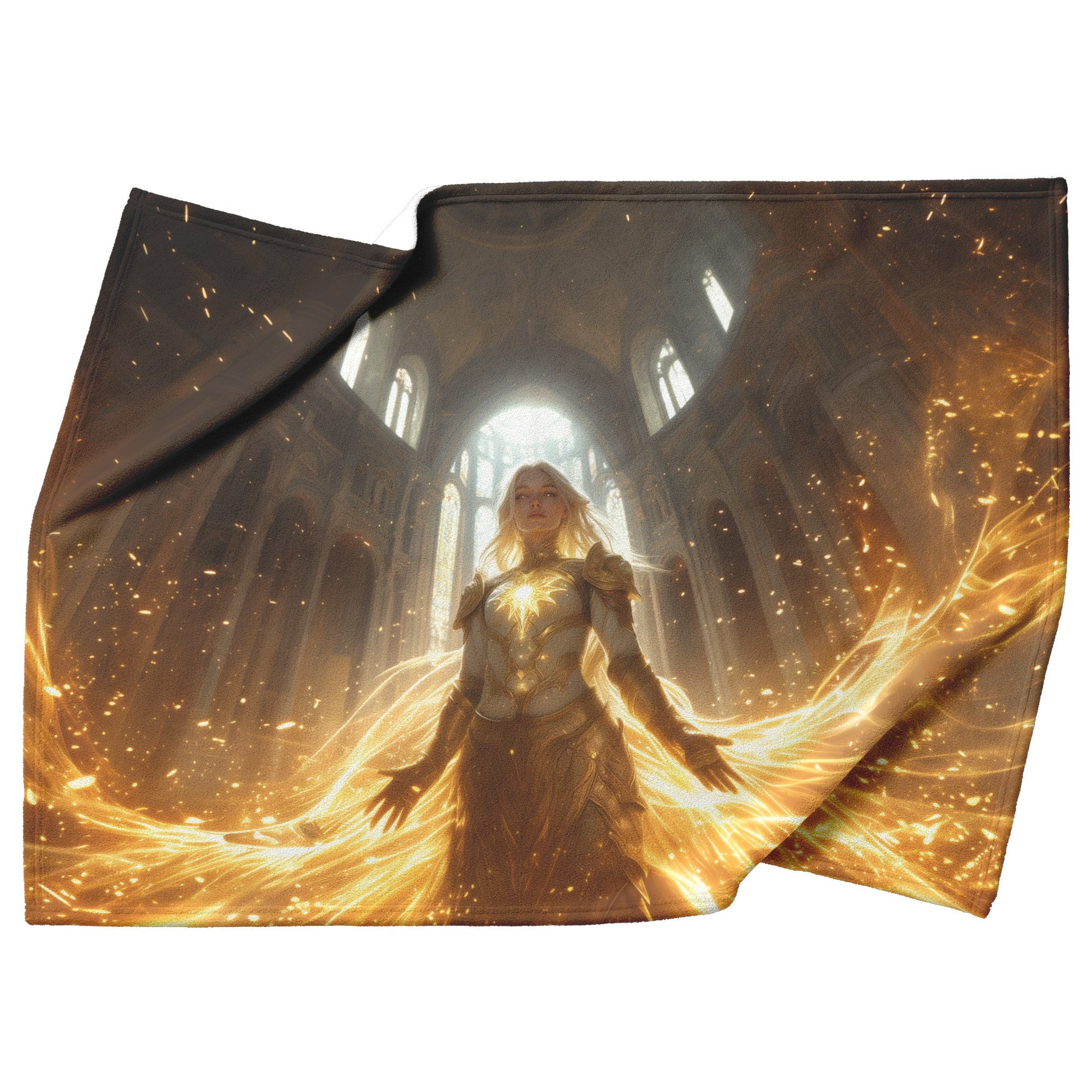 Blood Elf Paladin Fleece Sherpa Blanket Sunlit Temple Golden Armor Light Rays Radiant Accents Peaceful Powerful Design - Awakening Righteousness