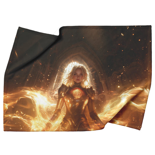 Blood Elf Paladin Fleece Sherpa Blanket Sunlit Temple Golden Armor Light Rays Radiant Accents Peaceful Powerful Design - Awakening Righteousness