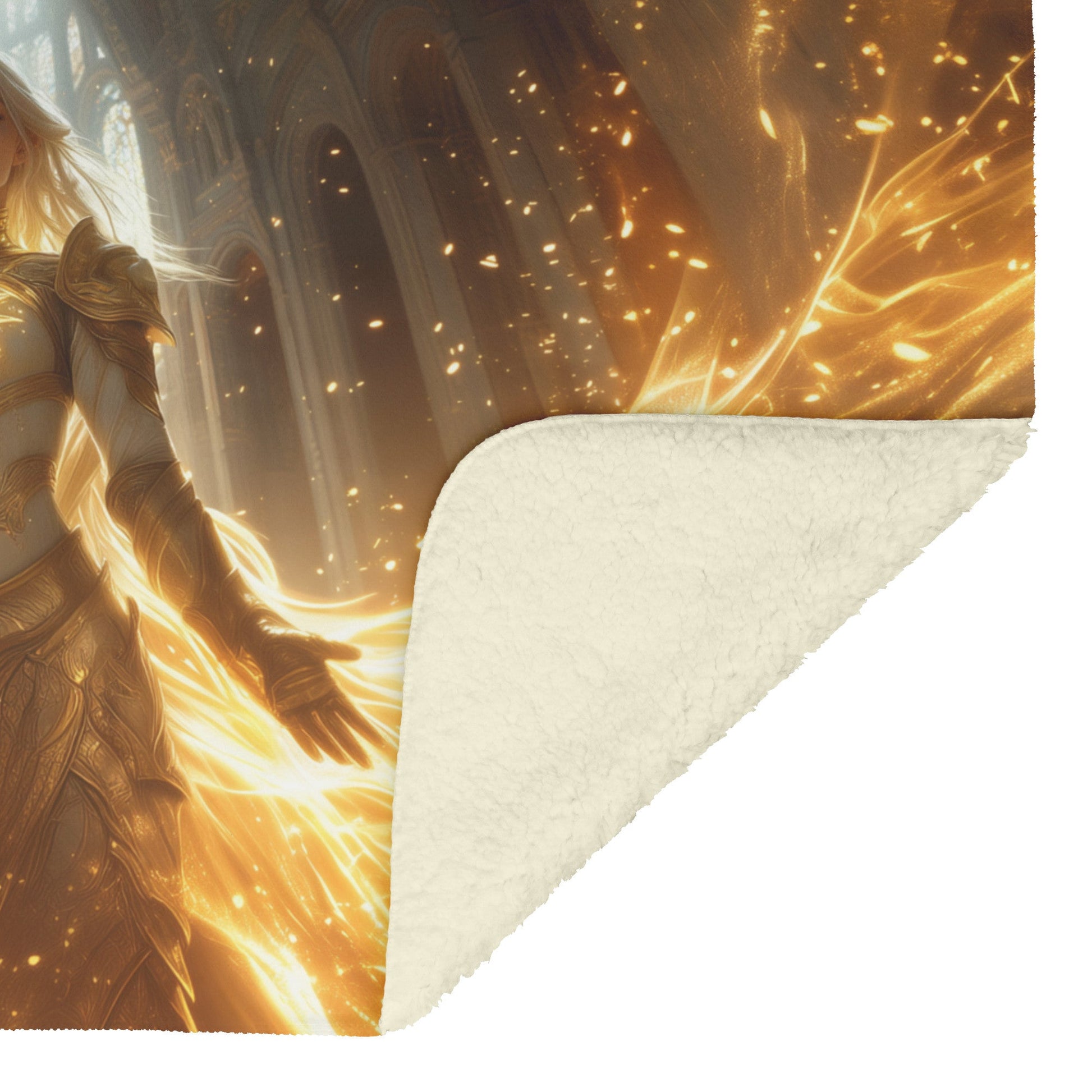 Blood Elf Paladin Fleece Sherpa Blanket Sunlit Temple Golden Armor Light Rays Radiant Accents Peaceful Powerful Design - Awakening Righteousness
